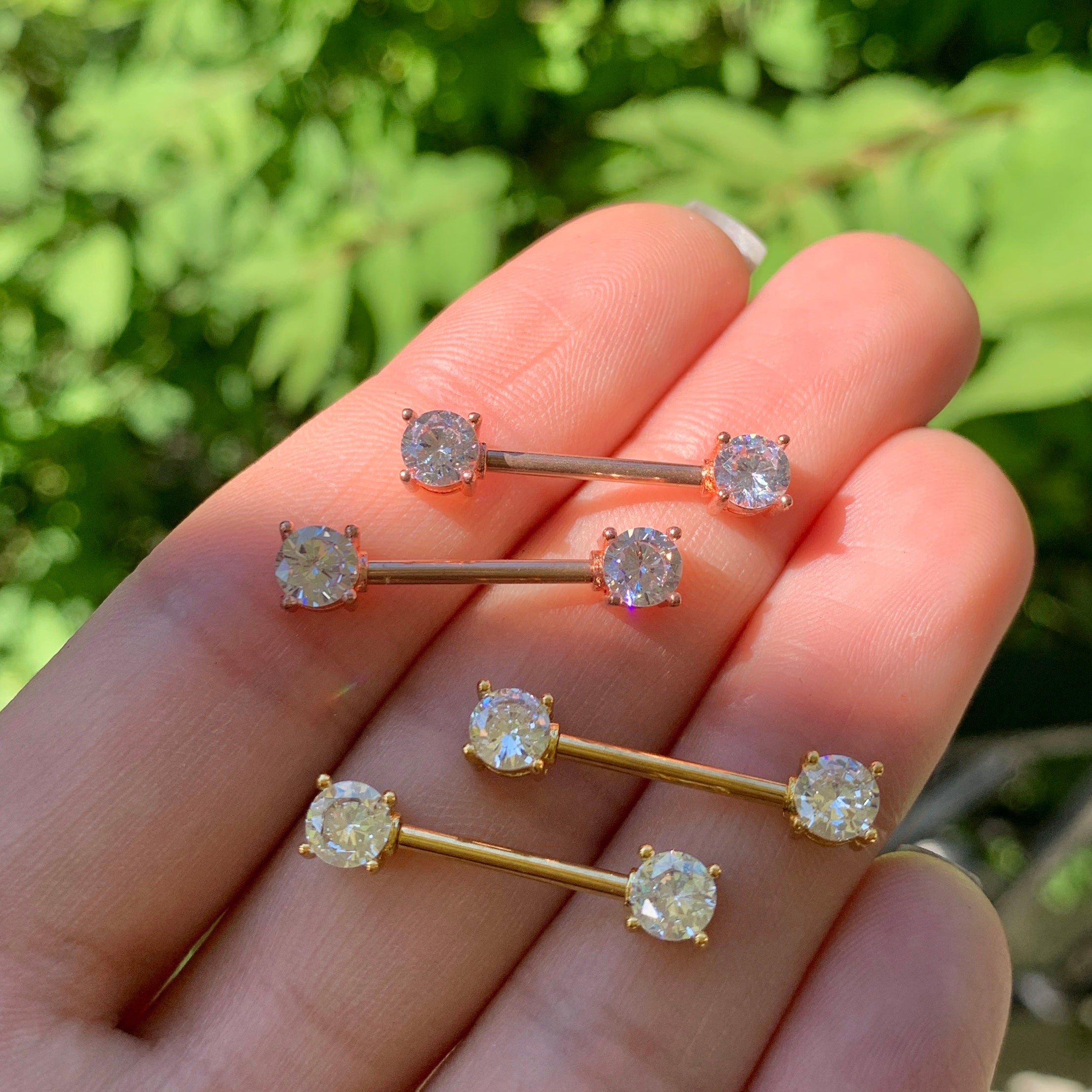 14G 9/16 Aurora CZ Gem Rose Gold Tone Barbell Nipple Ring Set