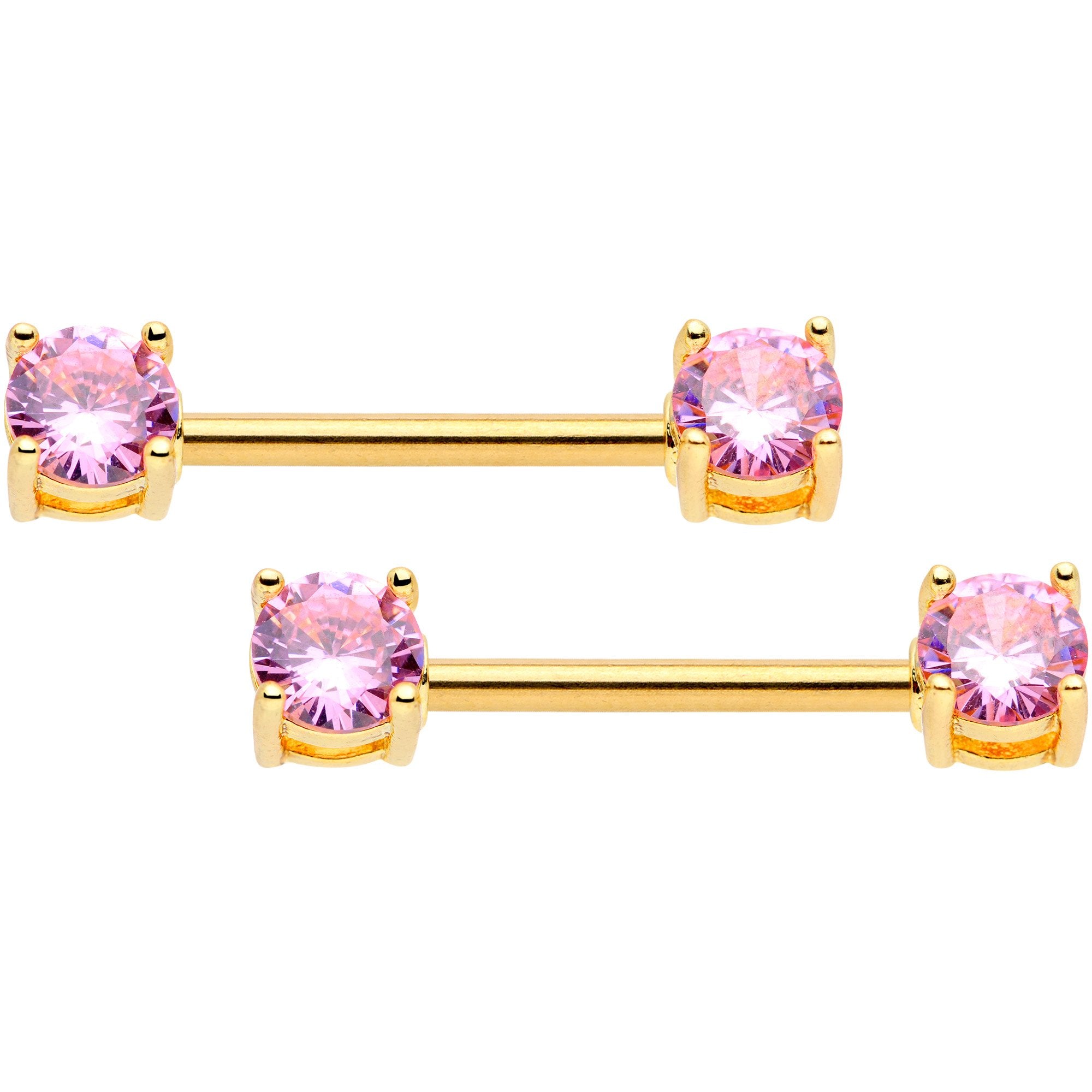 14G 9/16 Pink CZ Gem Gold Tone Barbell Nipple Ring Set
