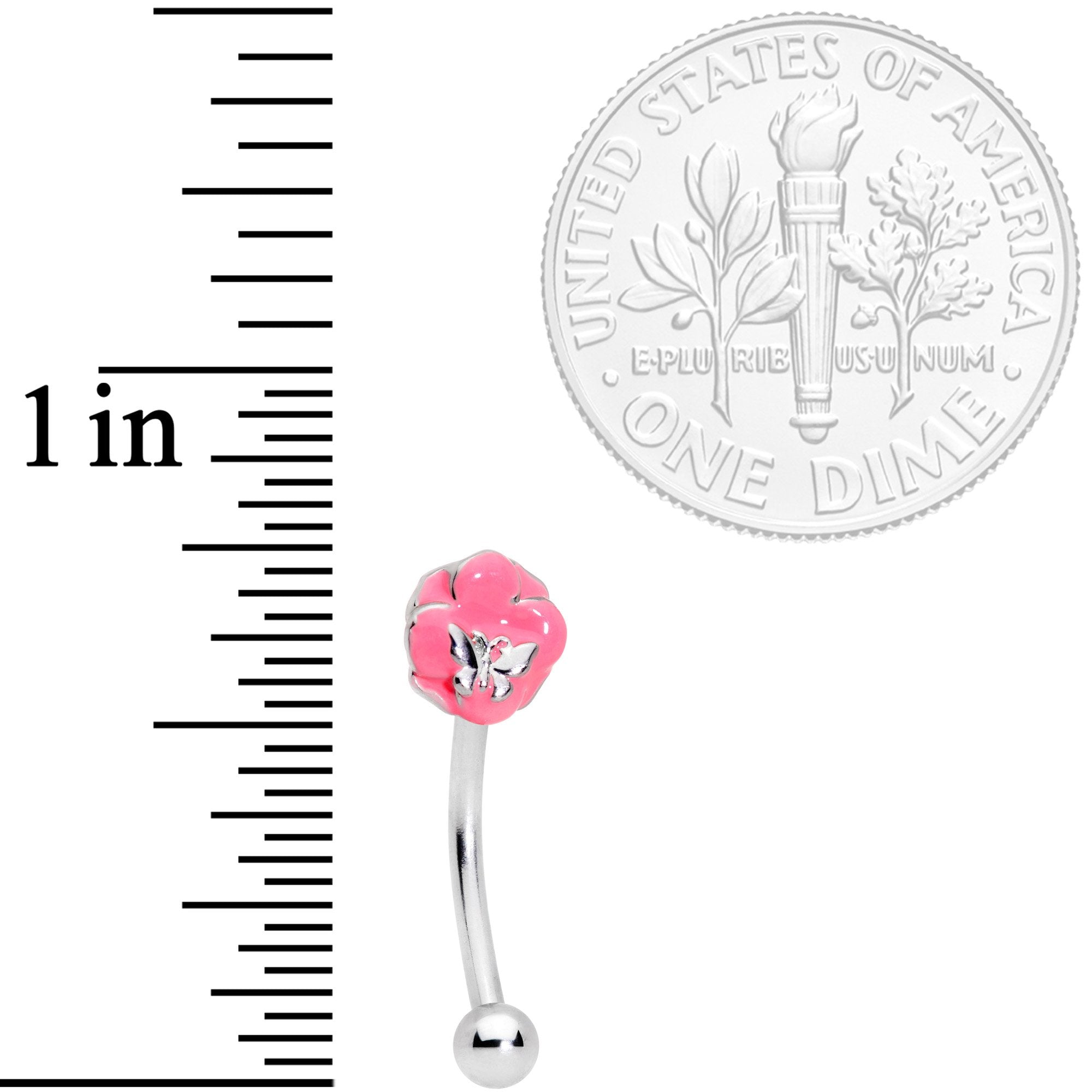 16G 3/8 Pink Flower Resting Butterfly Curved Eyebrow Ring