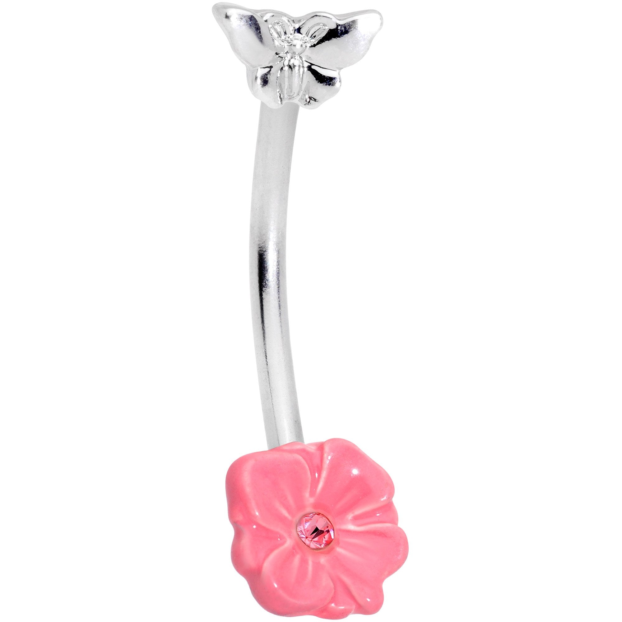 16G 3/8 Pink Gem Flower Butterfly Curved Eyebrow Ring
