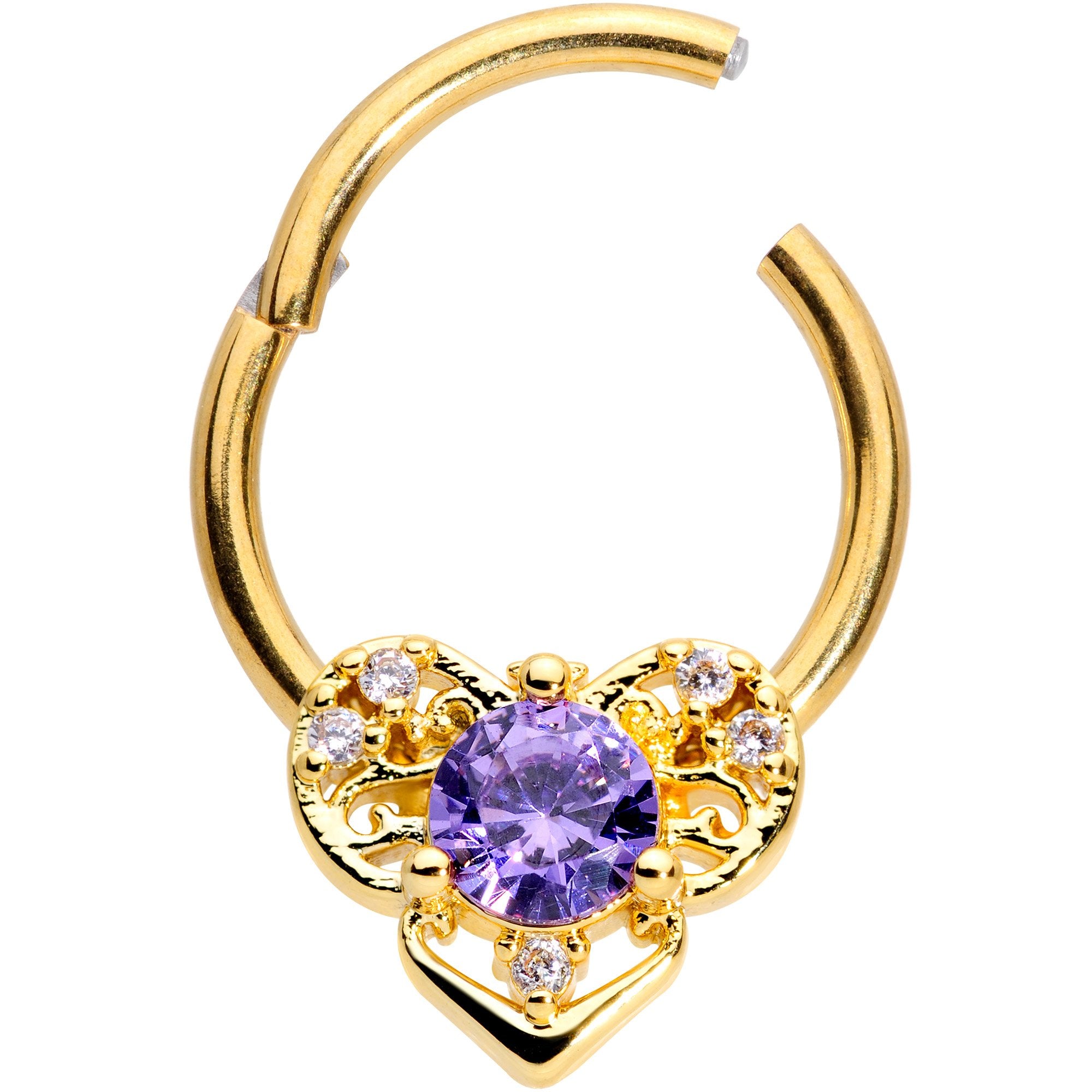 16G 3/8 Purple CZ Gold Tone Abstract Heart Hinged Segment Ring
