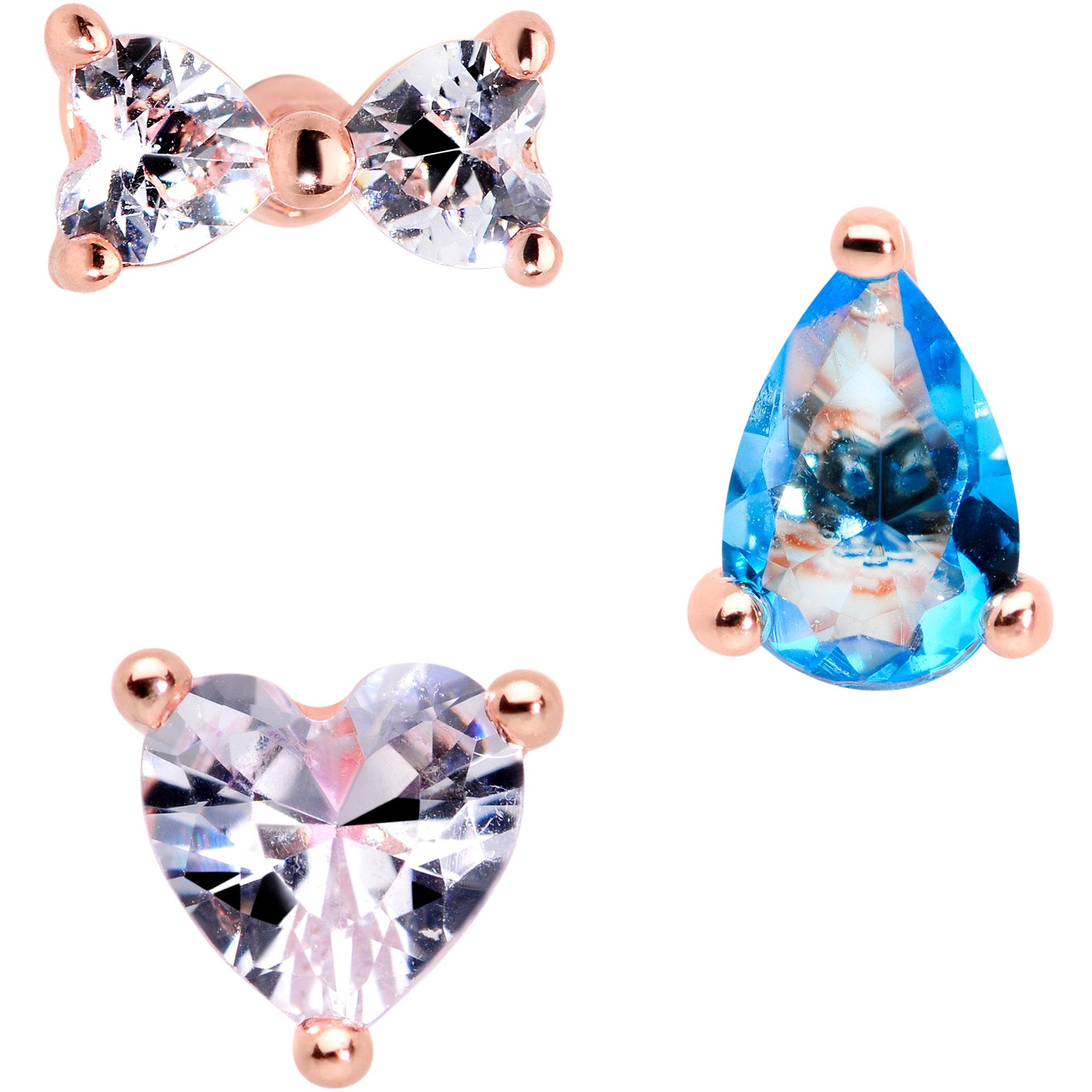 16G 1/4 Blue Clear CZ Rose Gold Tone Triangle Tragus Set of 3