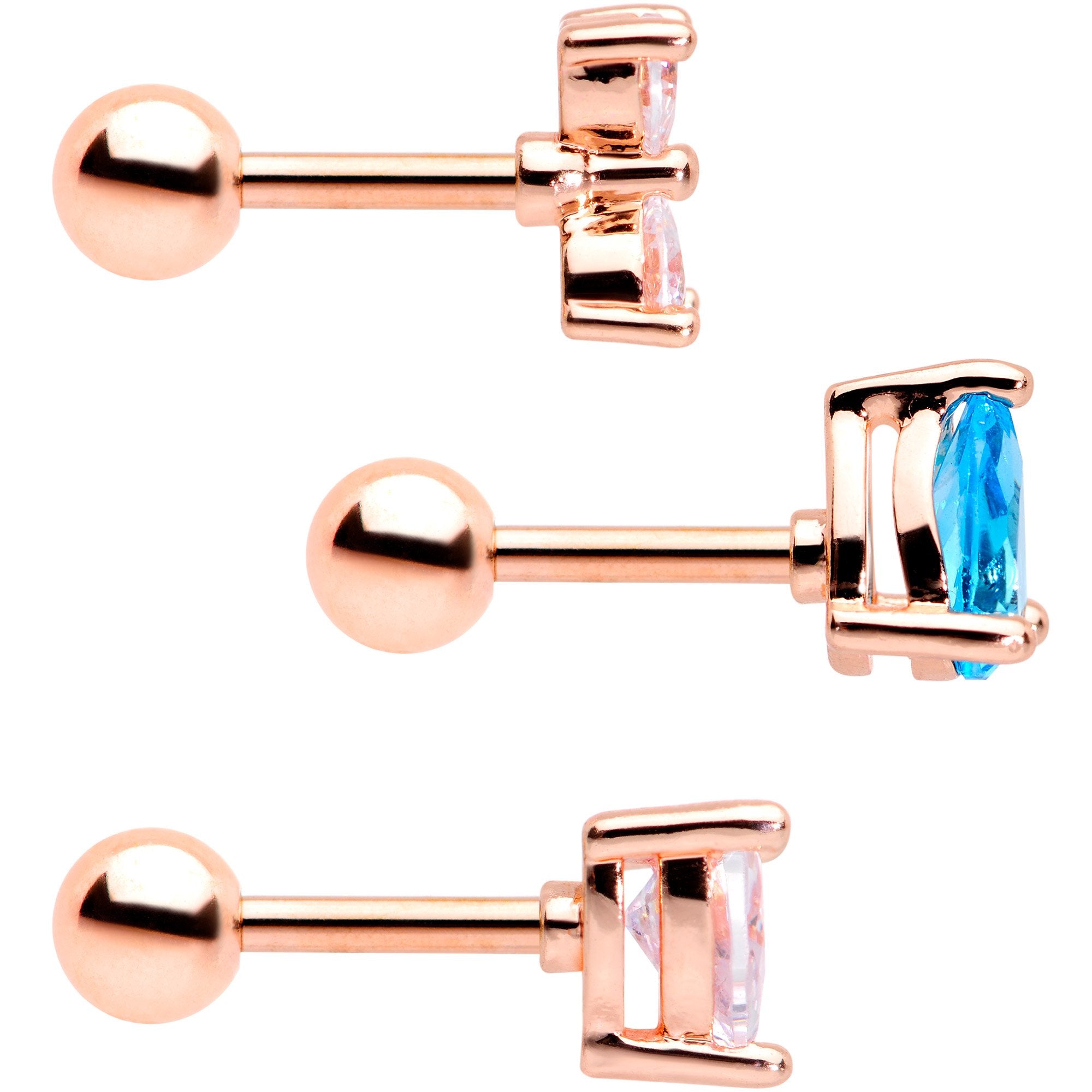 16G 1/4 Blue Clear CZ Rose Gold Tone Triangle Tragus Set of 3