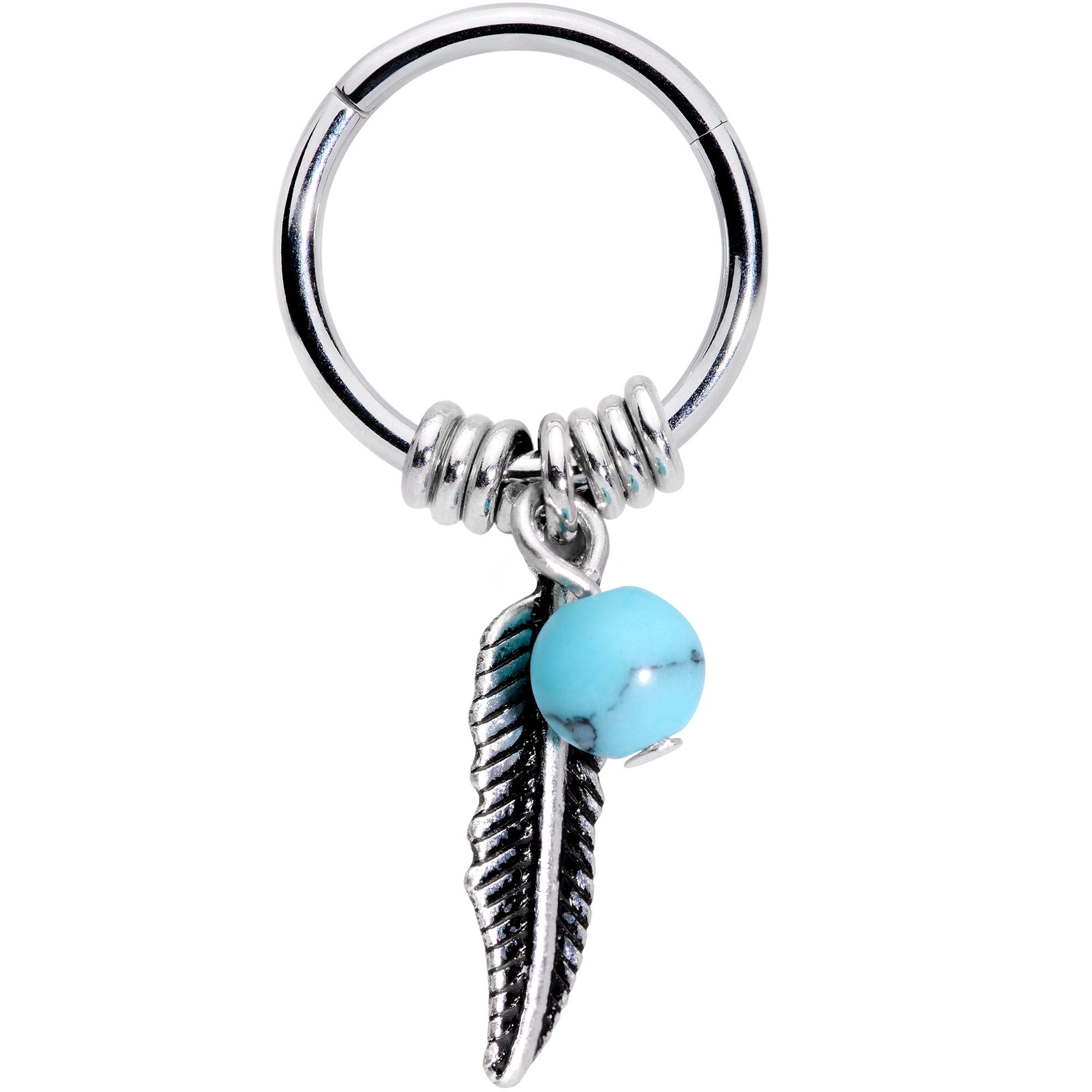 16G 3/8 Southwest Blue Bead Feather Hinged Dangle Segment Ring
