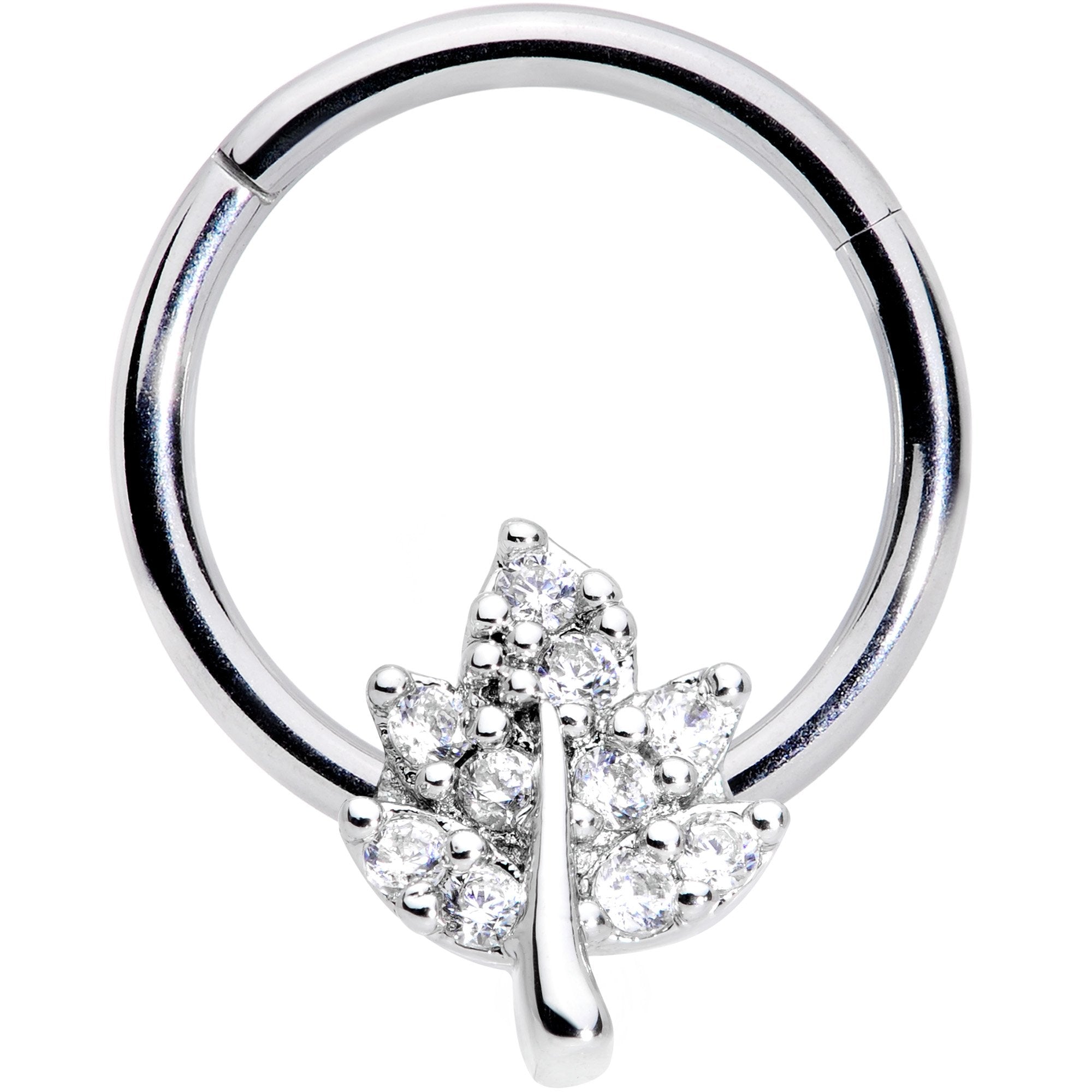 16G 3/8 Clear CZ Gem Maple Leaf Hinged Segment Ring
