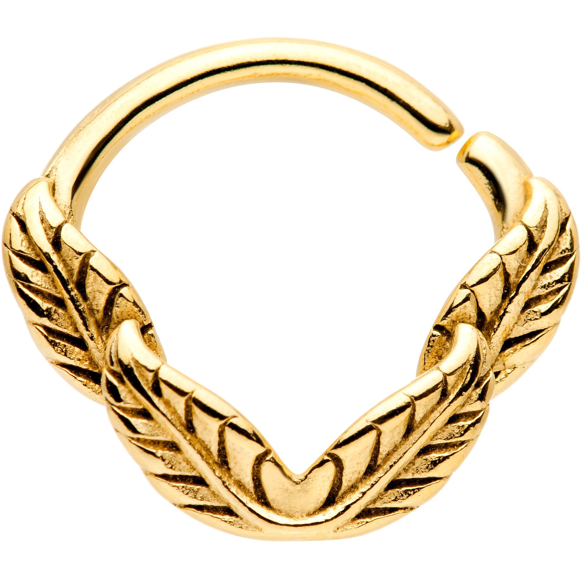 16G 3/8 Gold Tone Ring of Feathers Closure Ring