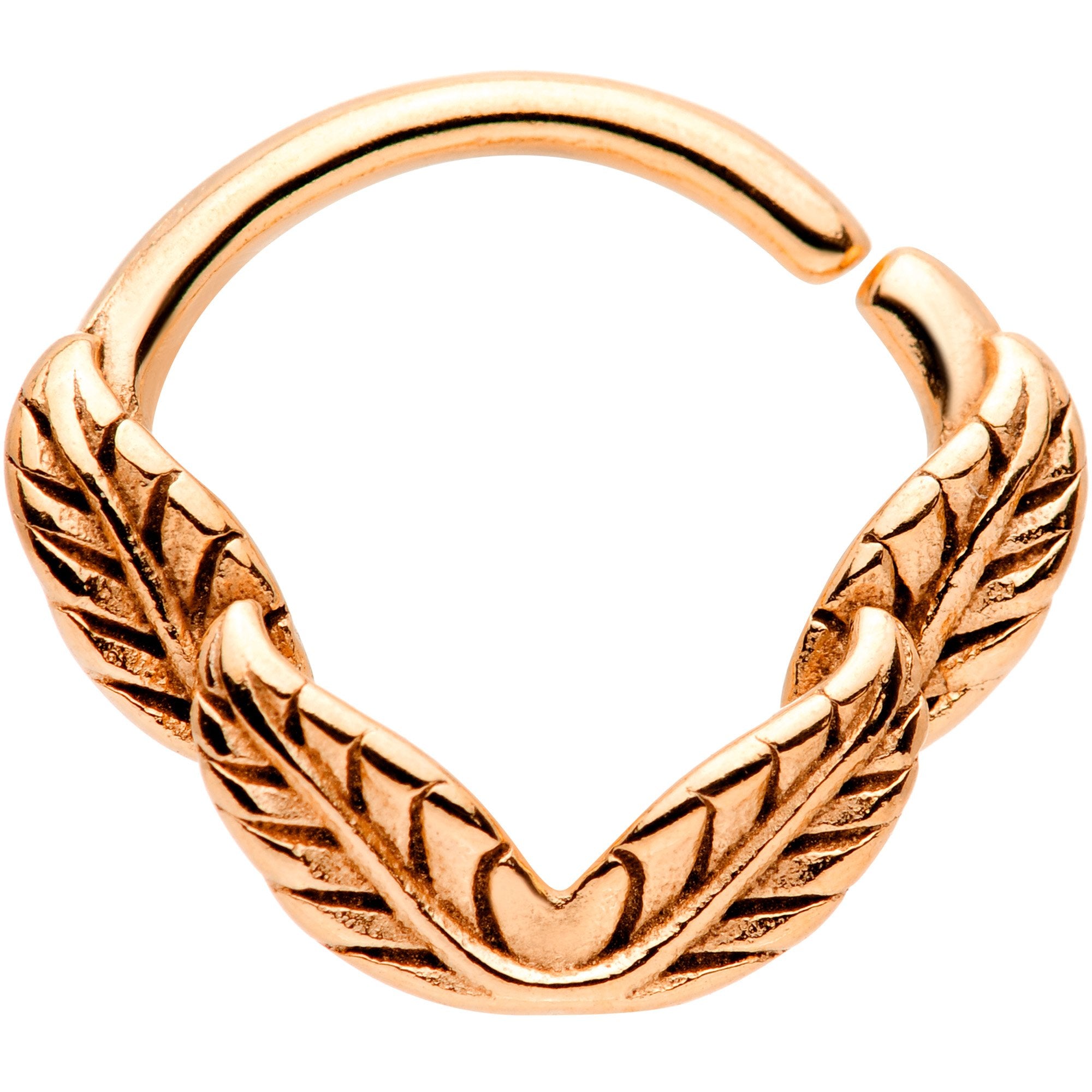 16G 3/8 Rose Gold Tone Ring of Feathers Closure Ring