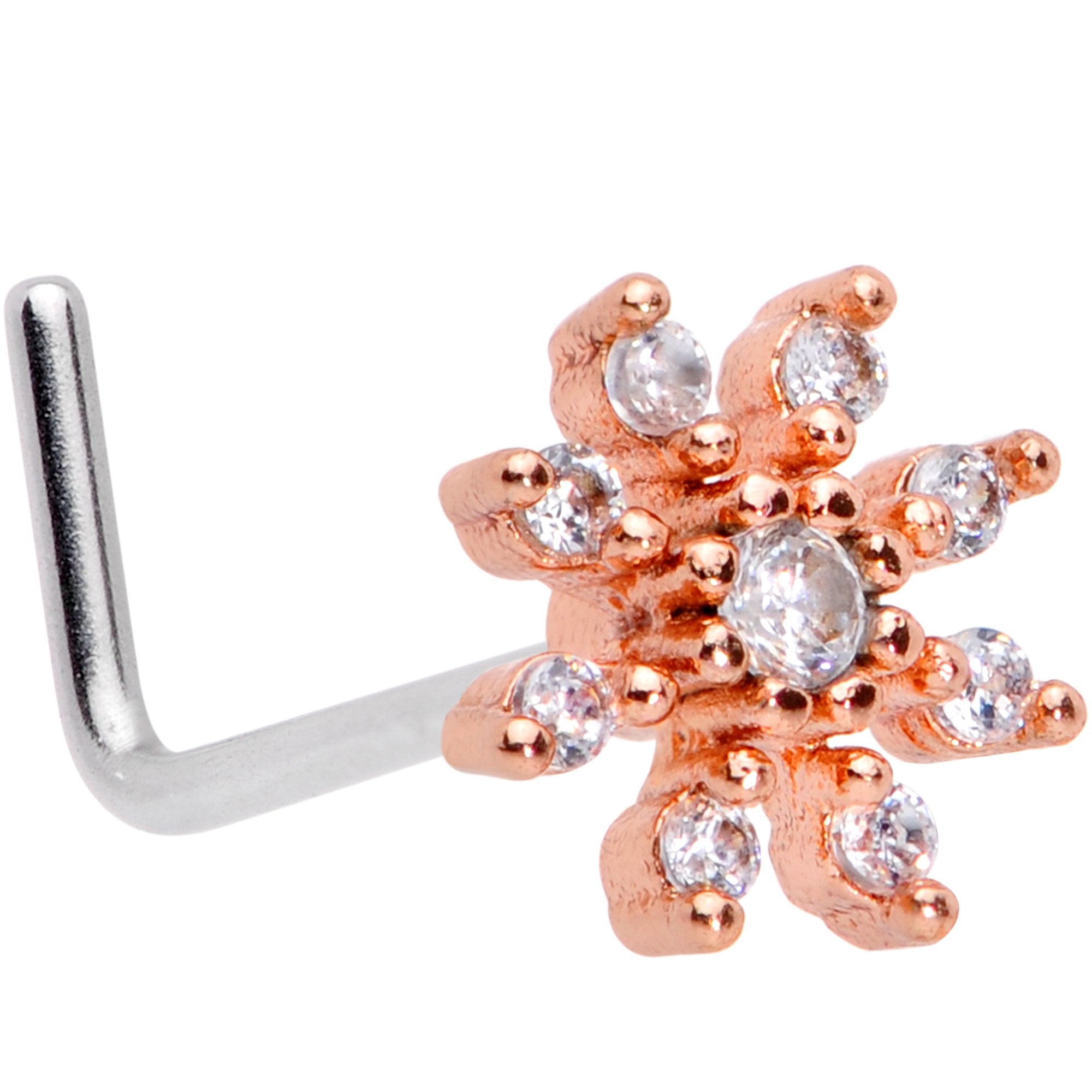 20G 1/4 Clear CZ Gem Rose Gold Tone Flower L Shaped Nose Ring