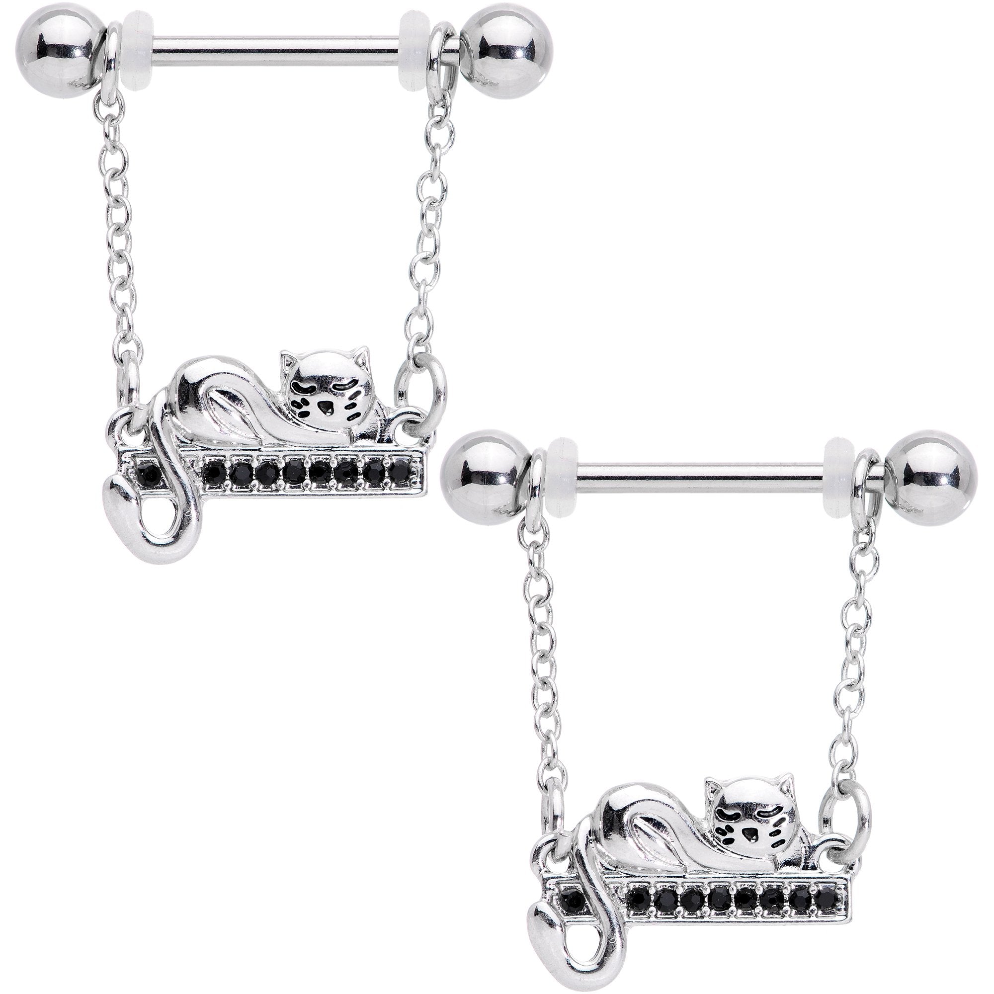 14G 5/8 Black Gem Nap Cat Dangle Nipple Ring Set