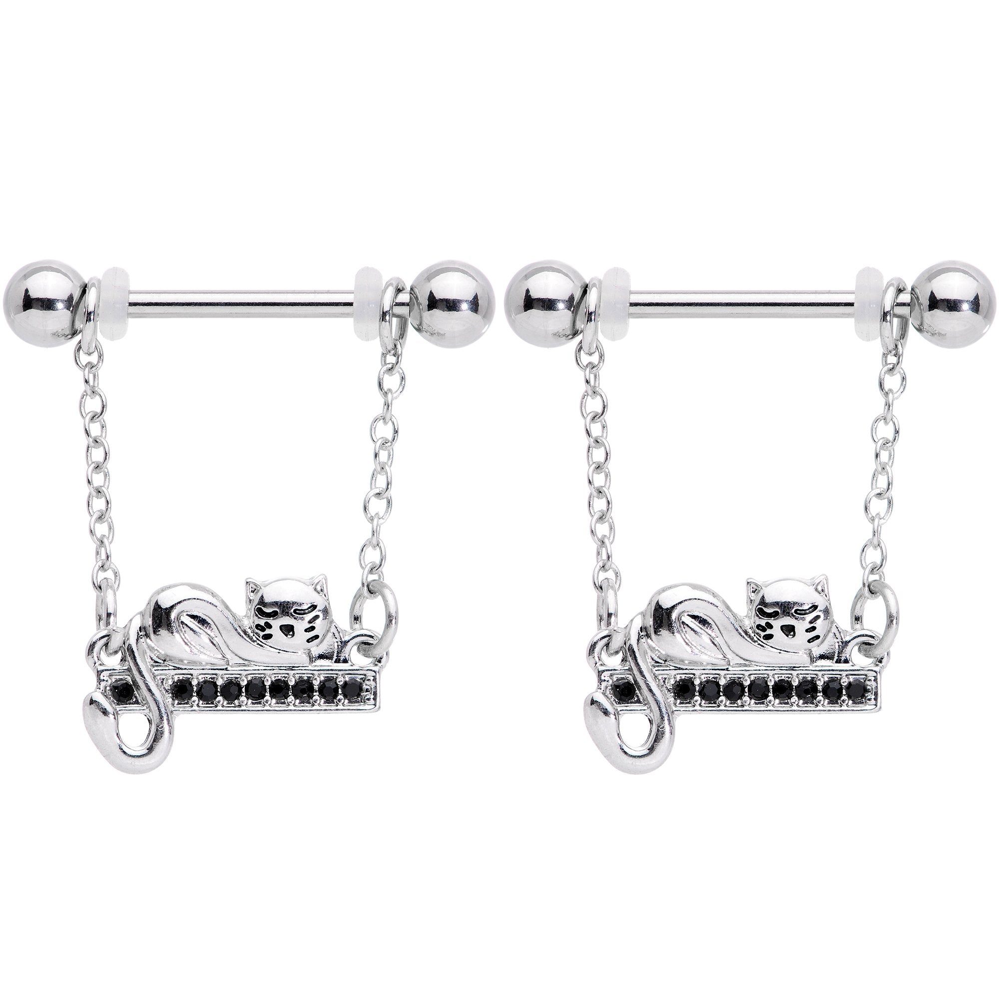 14G 5/8 Black Gem Nap Cat Dangle Nipple Ring Set