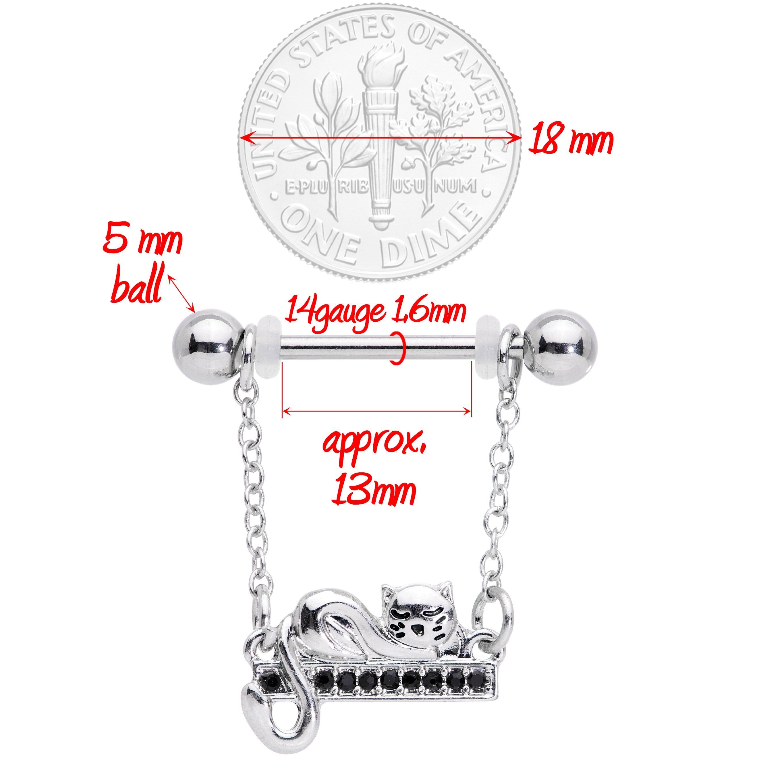 14G 5/8 Black Gem Nap Cat Dangle Nipple Ring Set