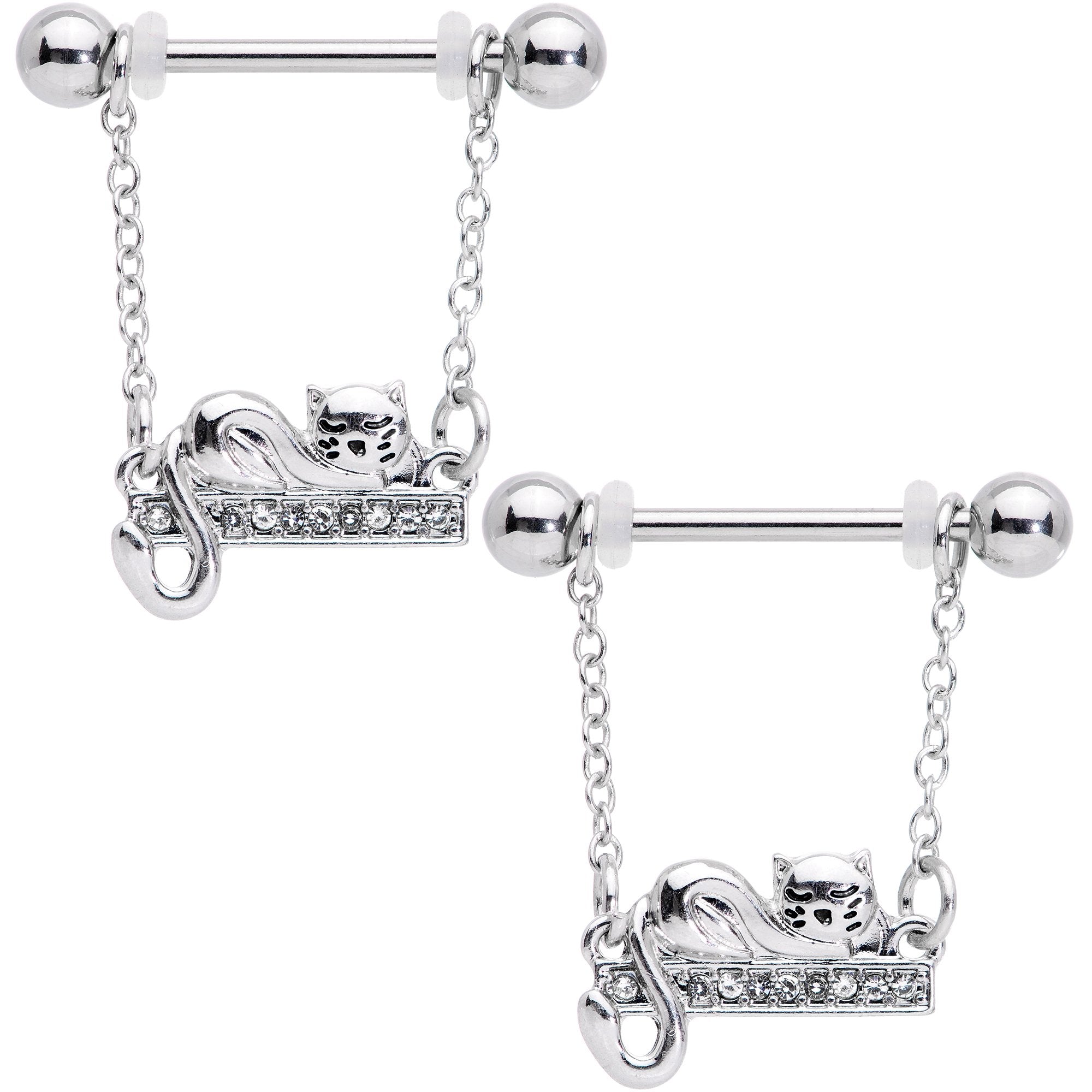 14G 5/8 Clear Gem Nap Cat Dangle Nipple Ring Set