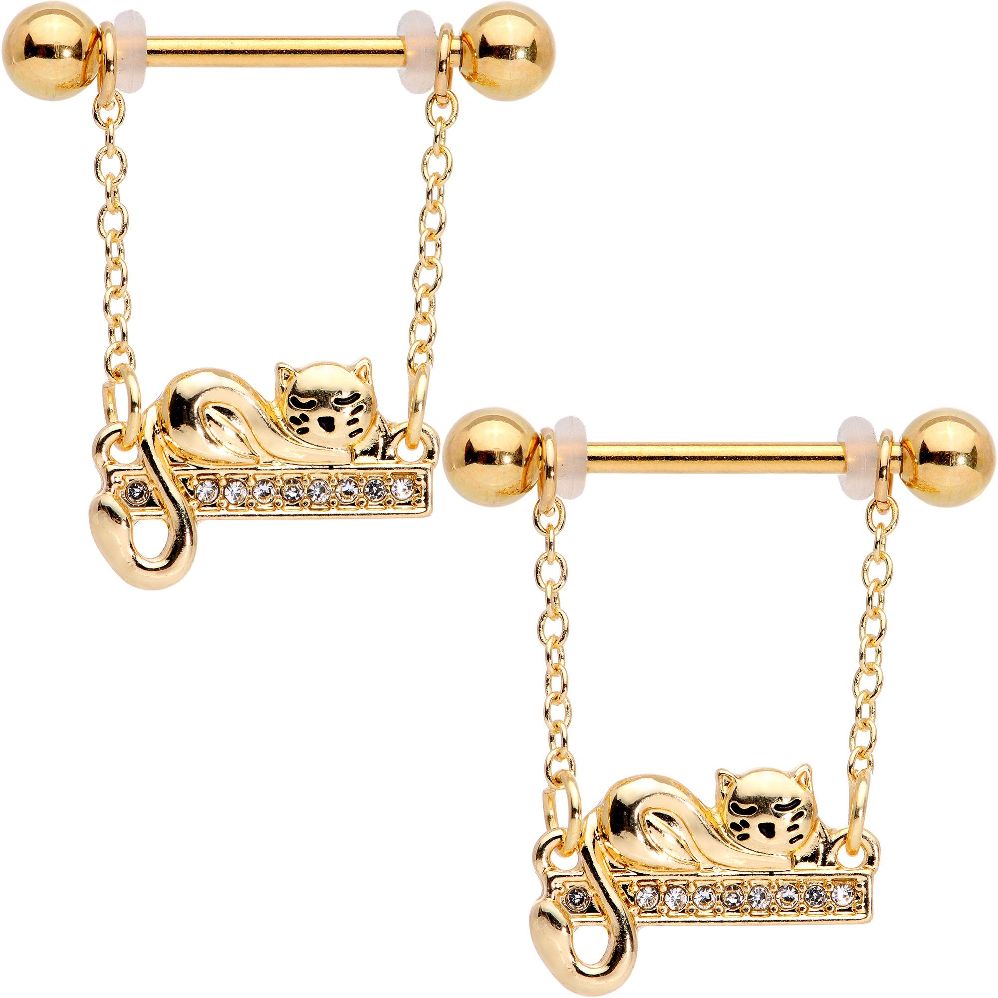 14G 5/8 Clear Gem Gold Tone Nap Cat Dangle Nipple Ring Set