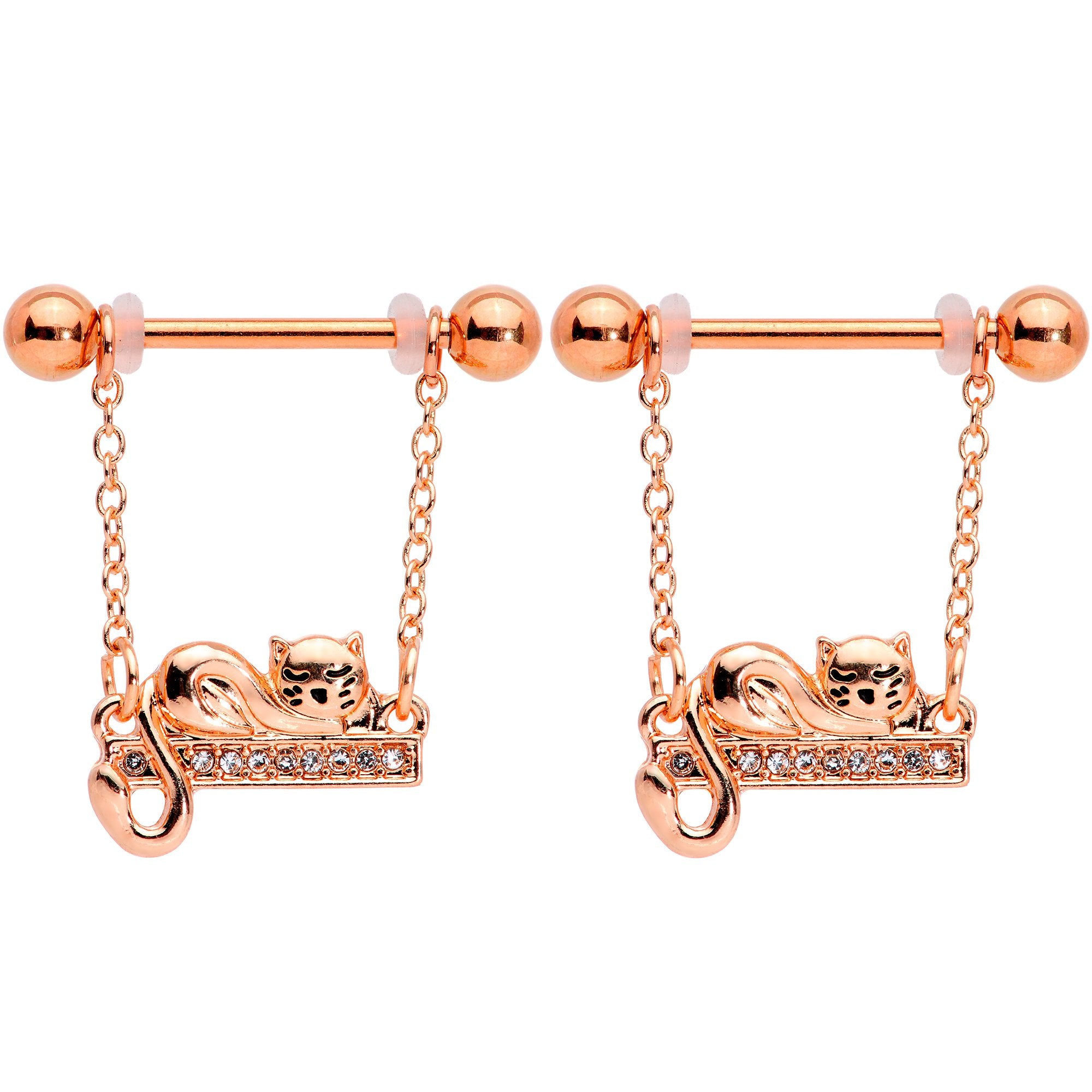 14G 5/8 Clear Gem Rose Gold Tone Nap Cat Dangle Nipple Ring Set