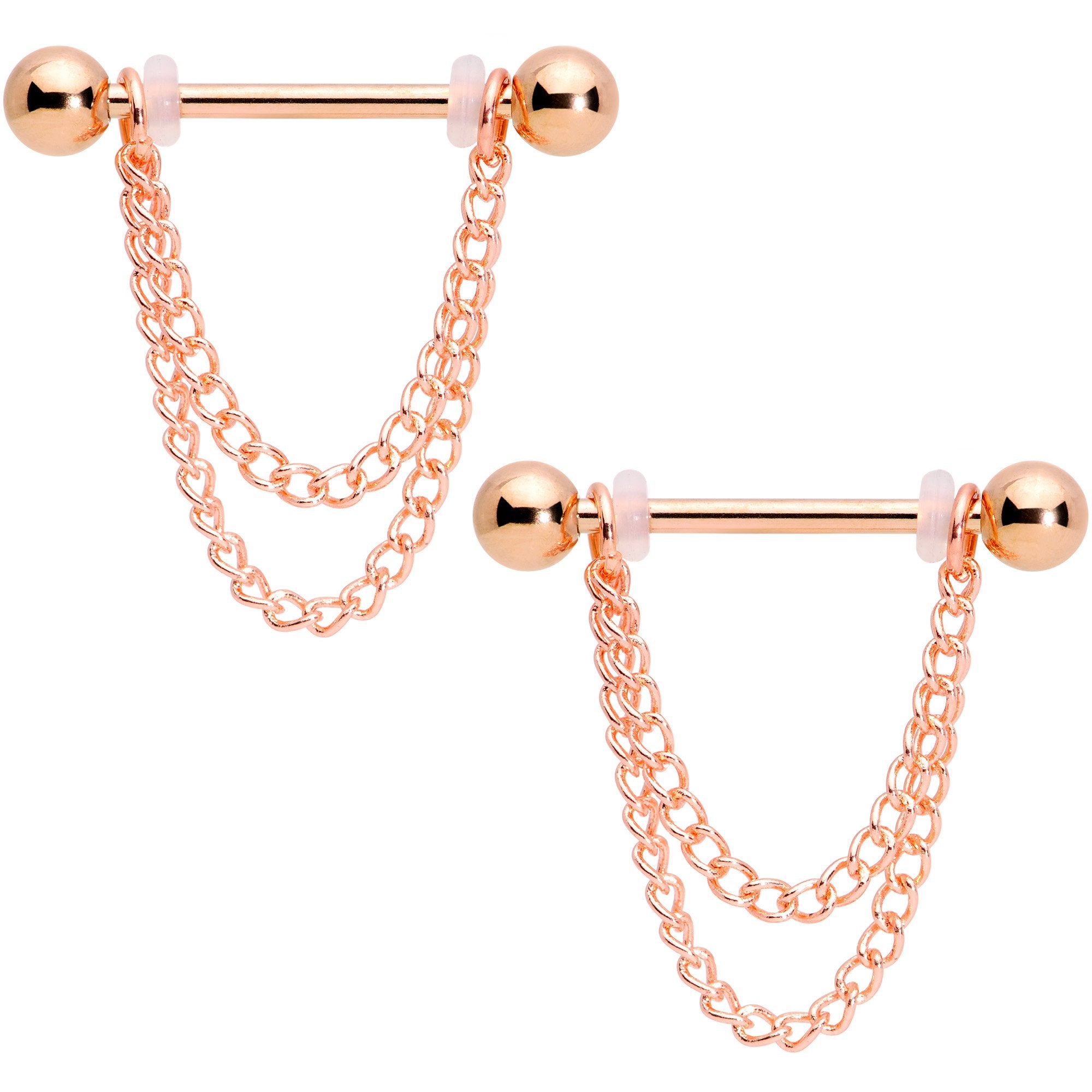 14G Rose Gold Tone Chain Dangle Nipple Ring Set