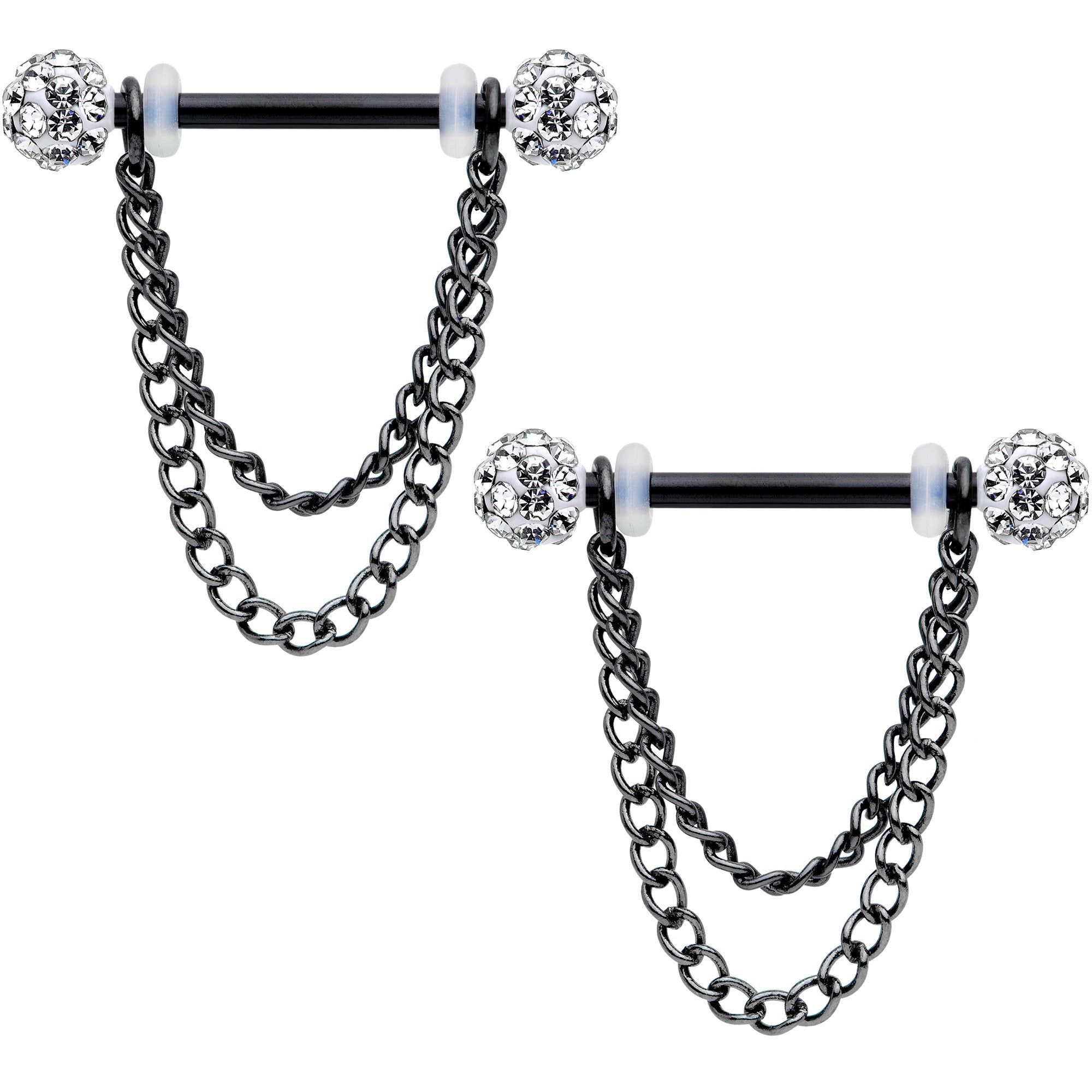 14G Clear Gem End Black Chain Dangle Nipple Ring Set