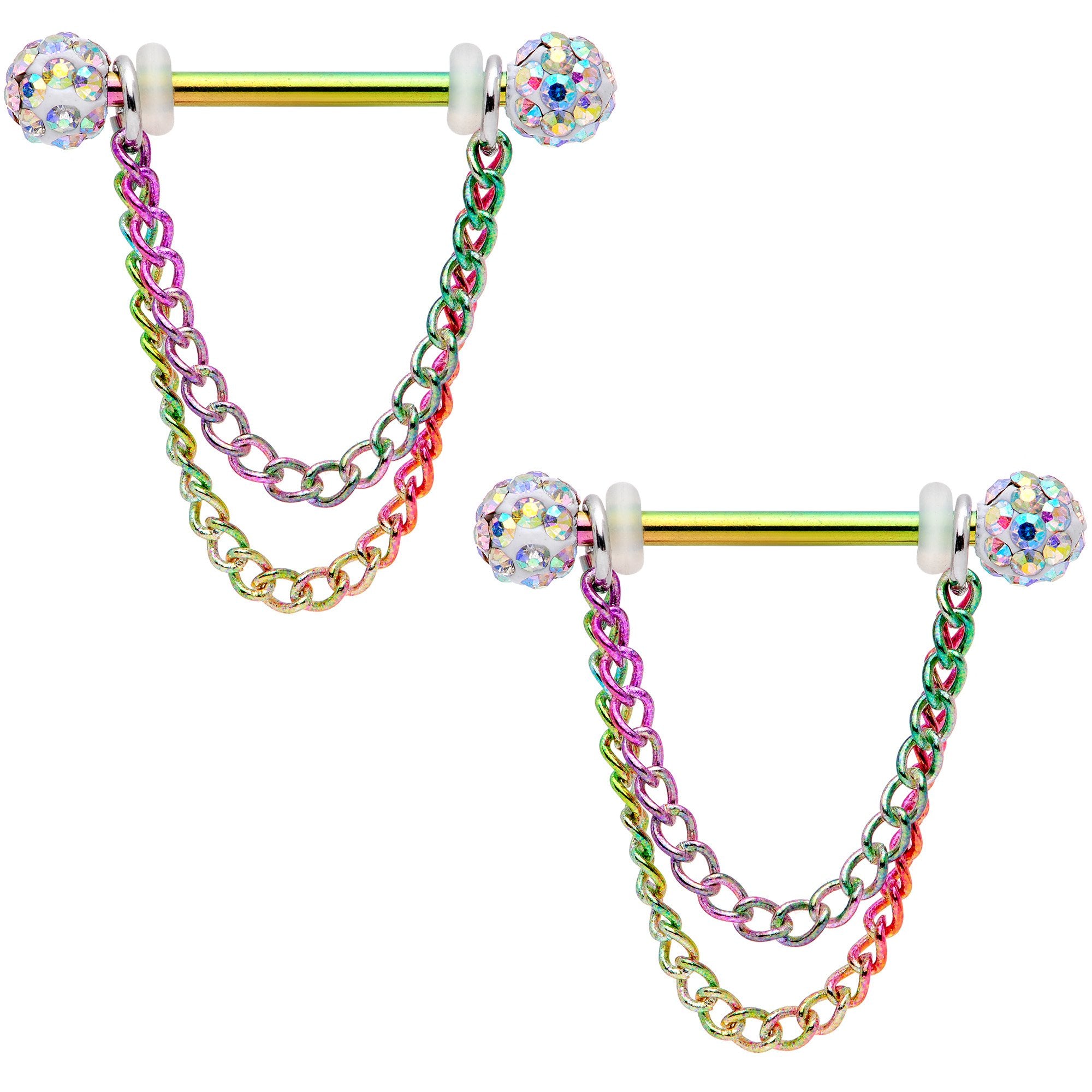 14G Clear Gem End Rainbow Chain Dangle Nipple Ring Set