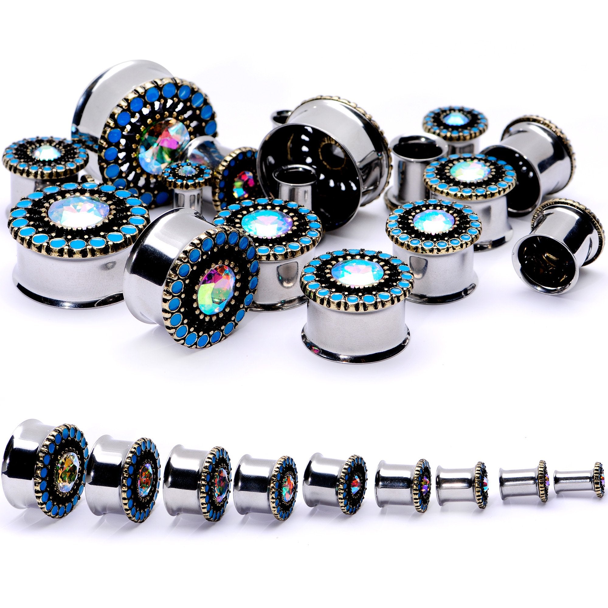 Aurora Gem Blue Orb Nautical Vibe Double Flare Plug Set 6mm to 25mm