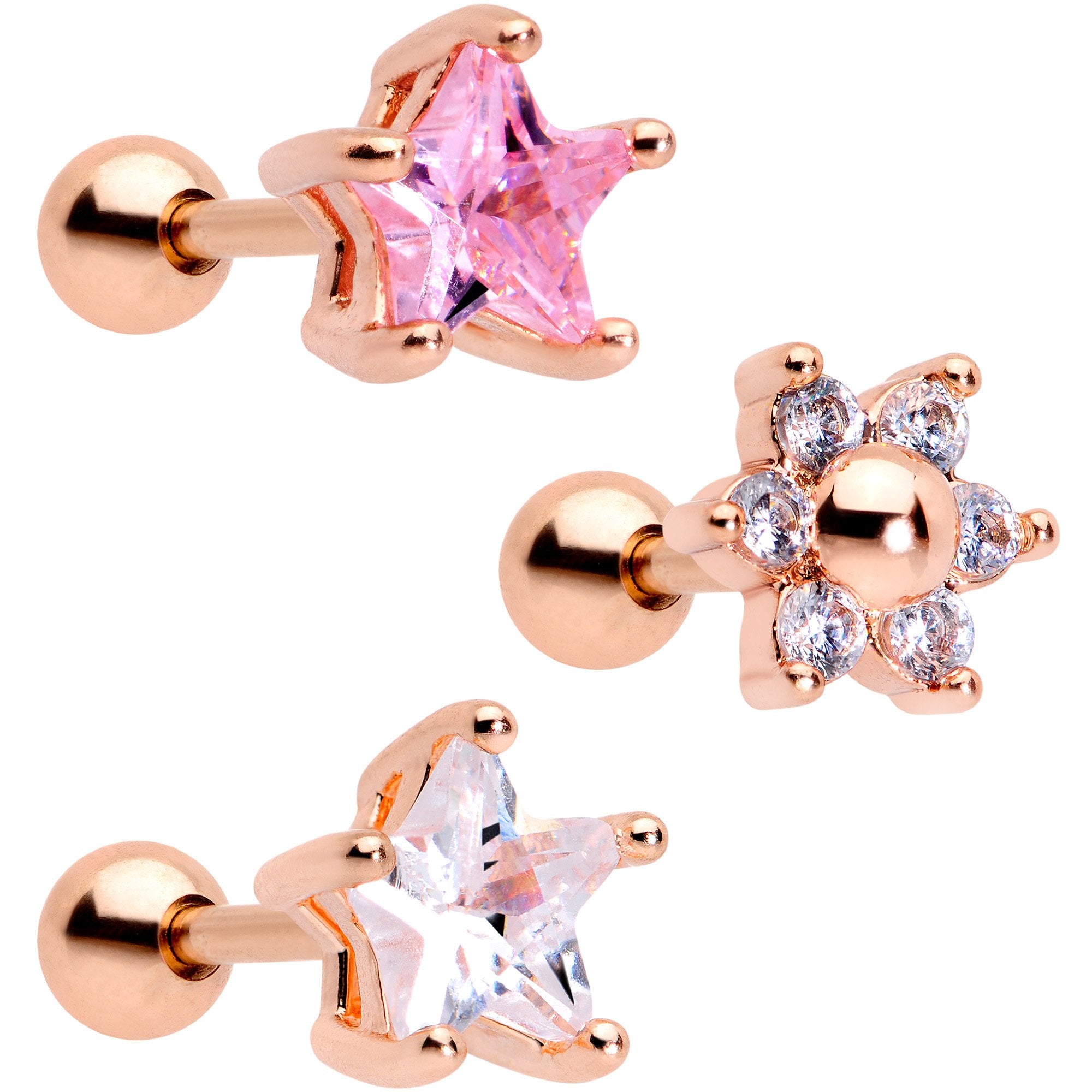 16G 1/4 Pink Clear CZ Gem Rose Gold Tone Star Tragus Set of 3