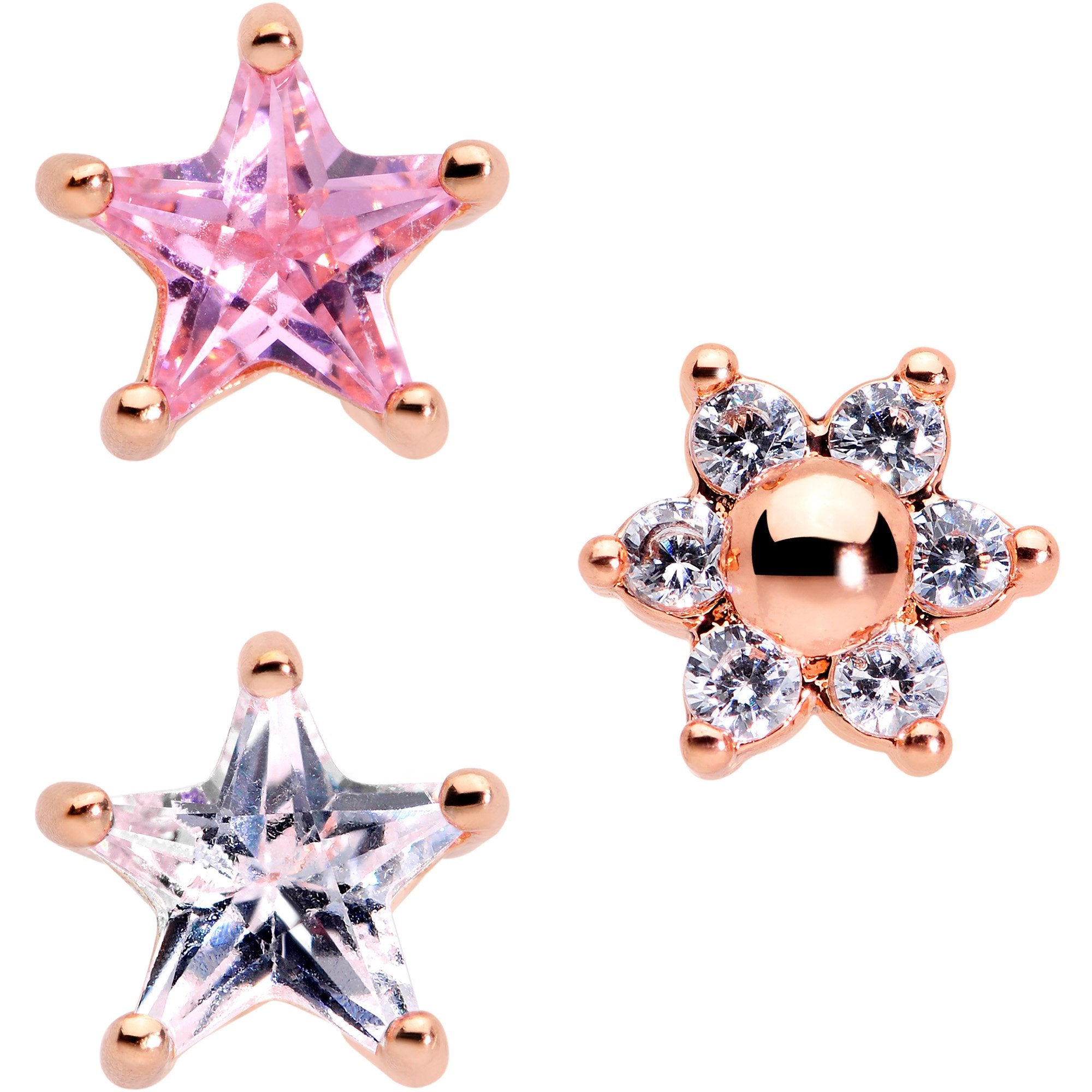 16G 1/4 Pink Clear CZ Gem Rose Gold Tone Star Tragus Set of 3