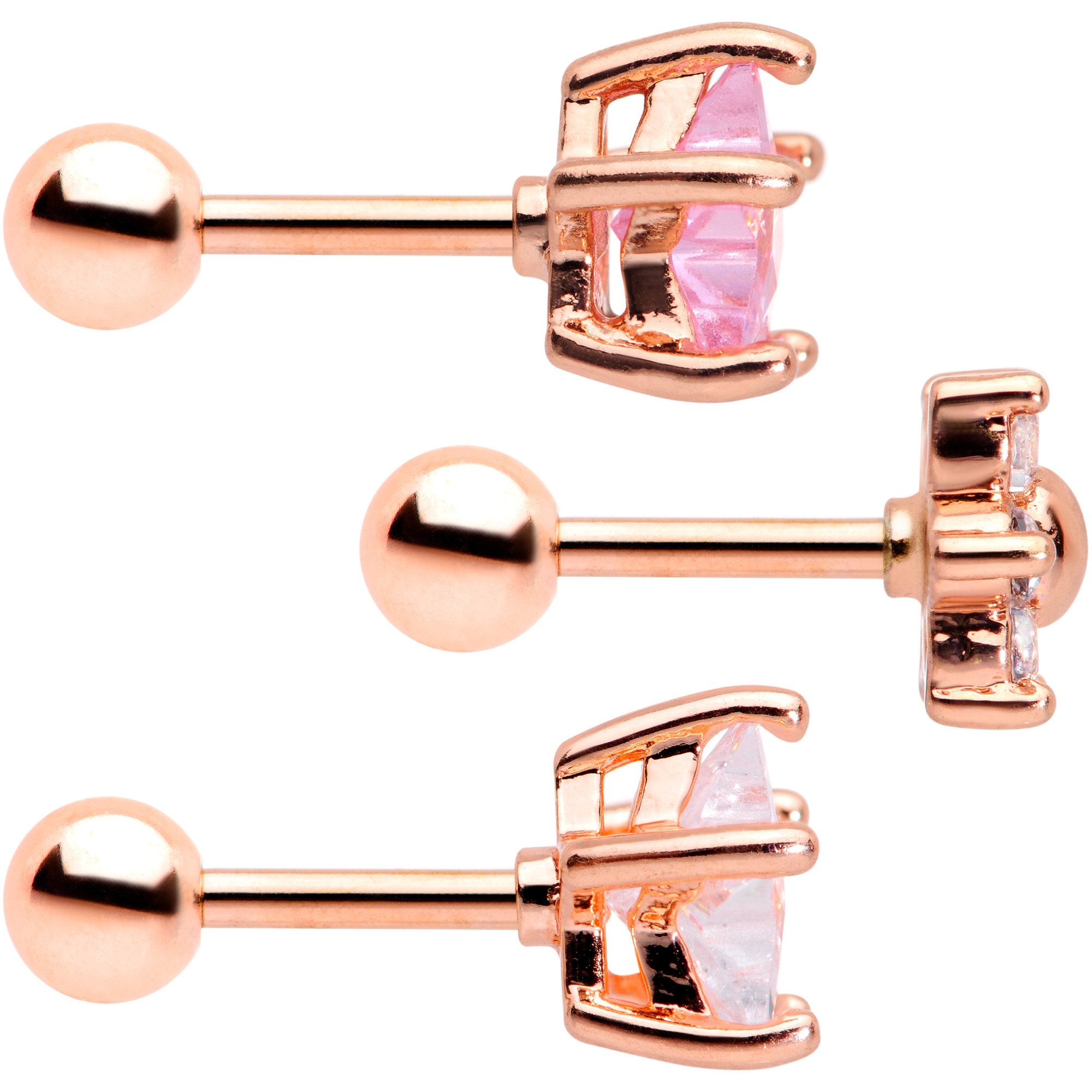 16G 1/4 Pink Clear CZ Gem Rose Gold Tone Star Tragus Set of 3