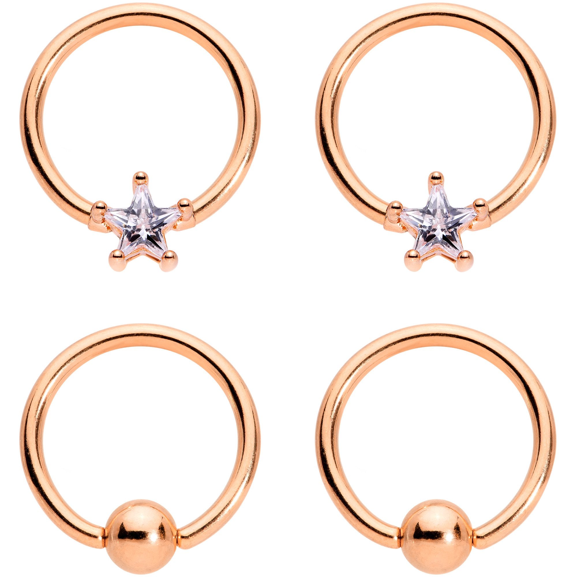 14G Clear Star CZ Gem Rose Gold Tone Captive Nipple Ring Set of 4