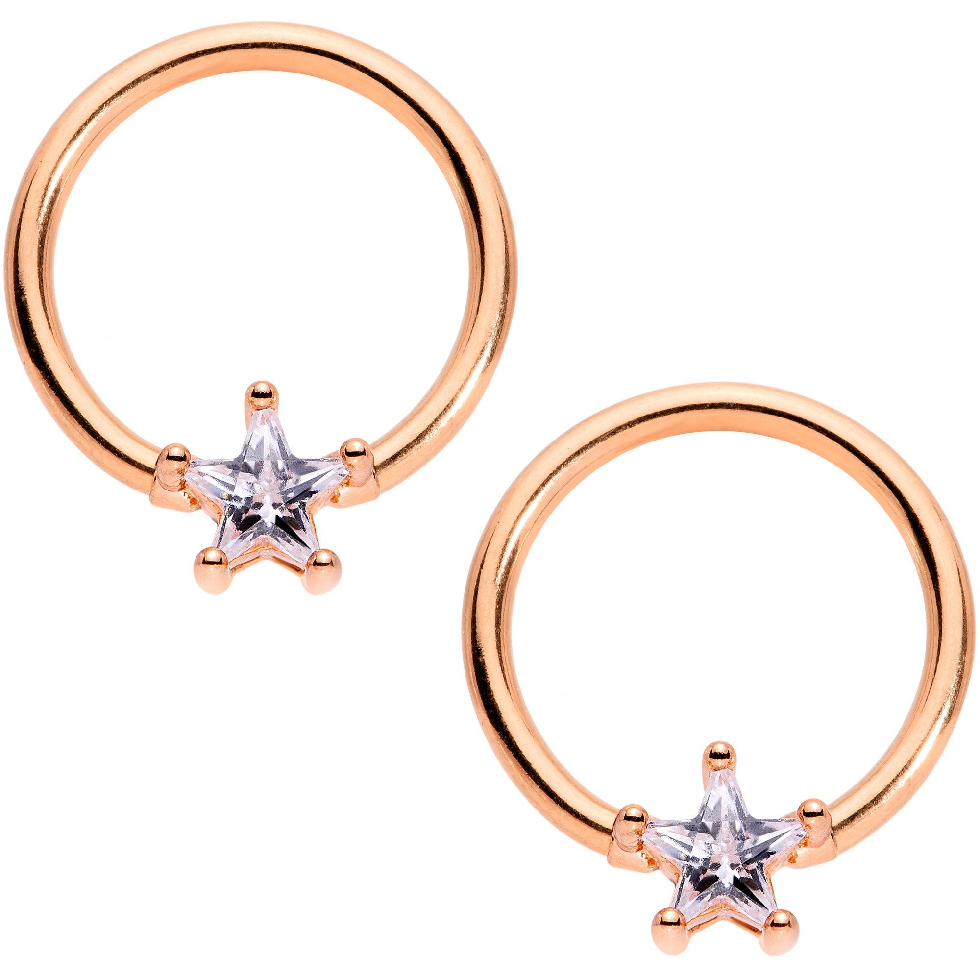 14G Clear Star CZ Gem Rose Gold Tone Captive Nipple Ring Set of 4