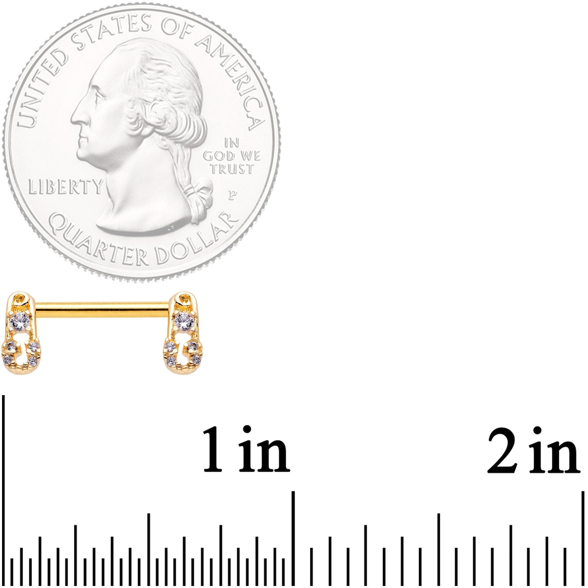 14G 9/16 Clear CZ Gem Gold Tone Safety Pin Nipple Ring Set