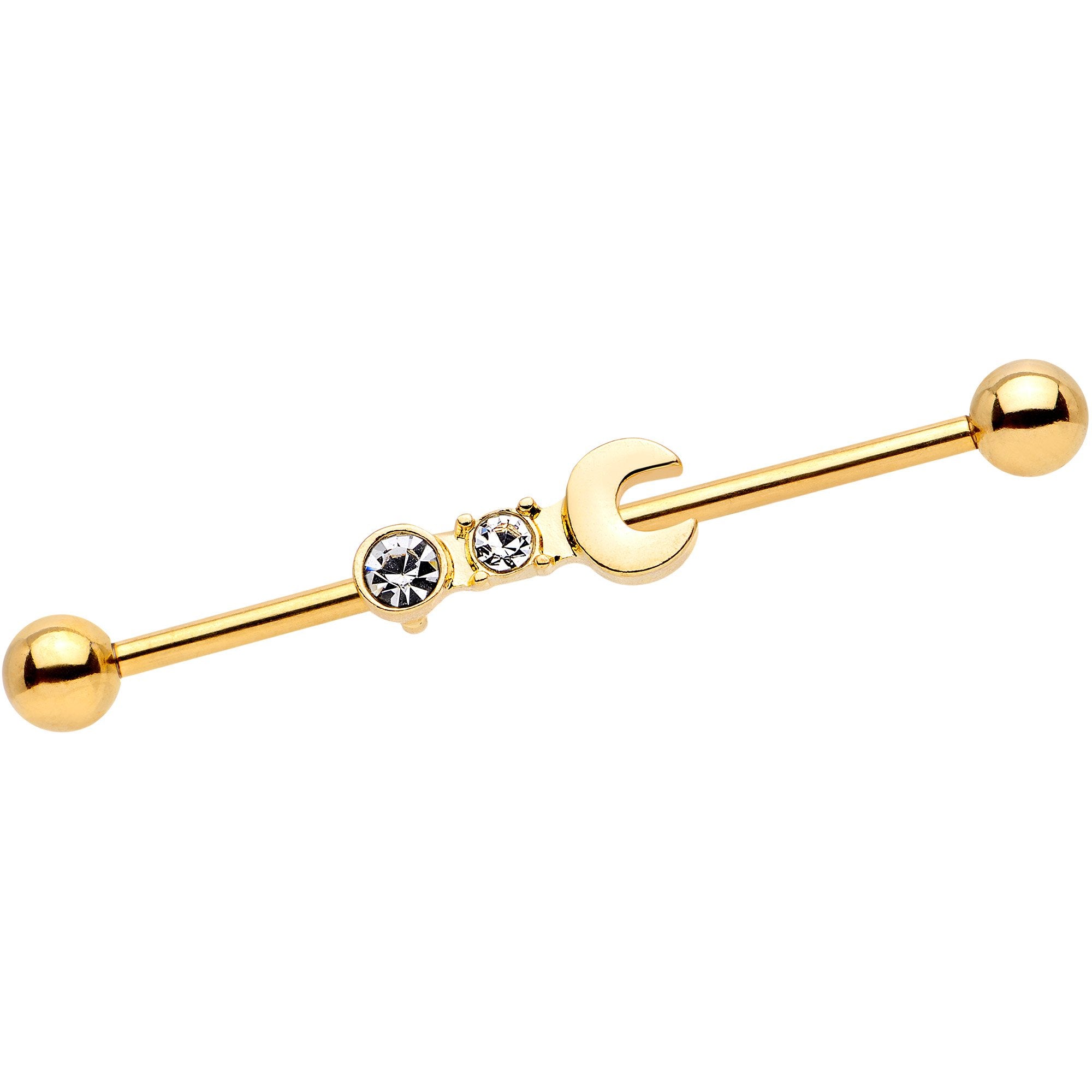 14G Clear Gem Gold Tone Crescent Wrench Industrial Barbell 38mm