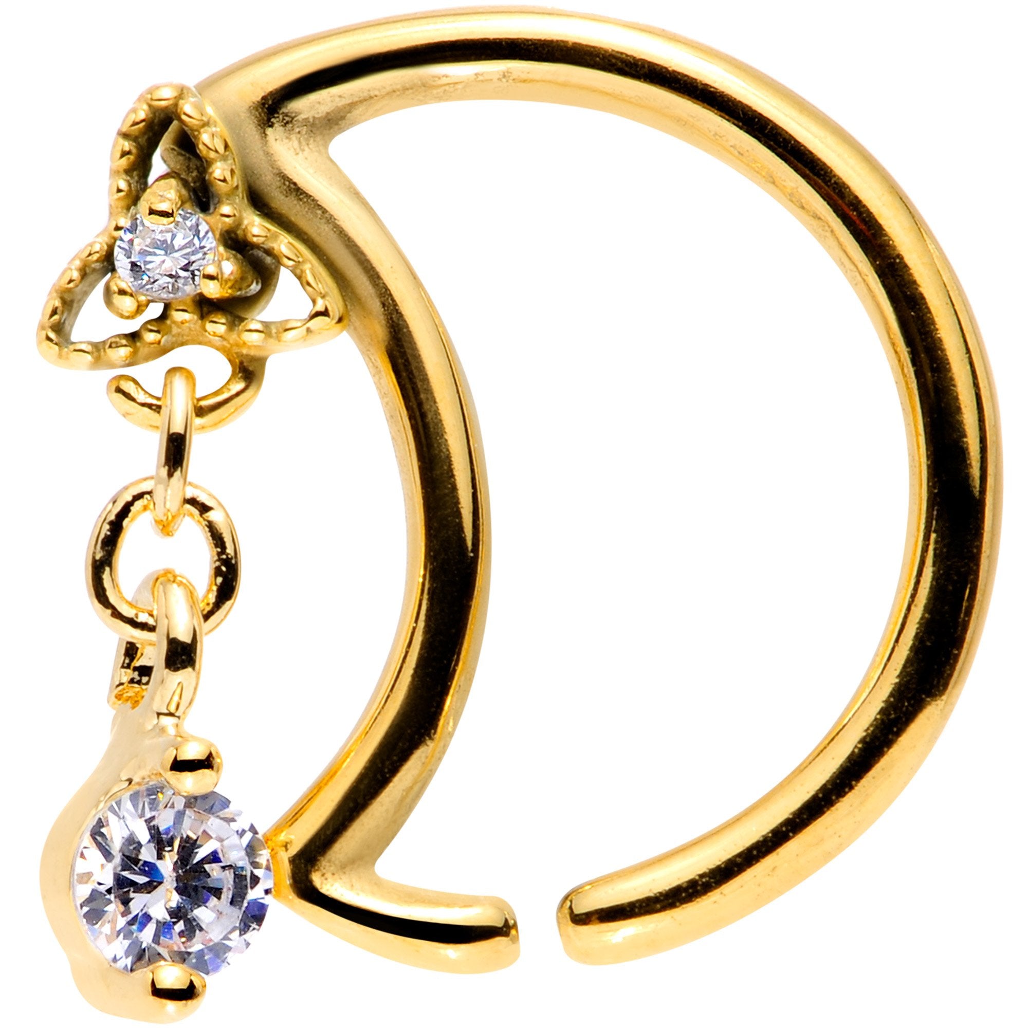 16G 3/8 Clear CZ Gem Gold Tone Crescent Moon Dangle Closure Ring