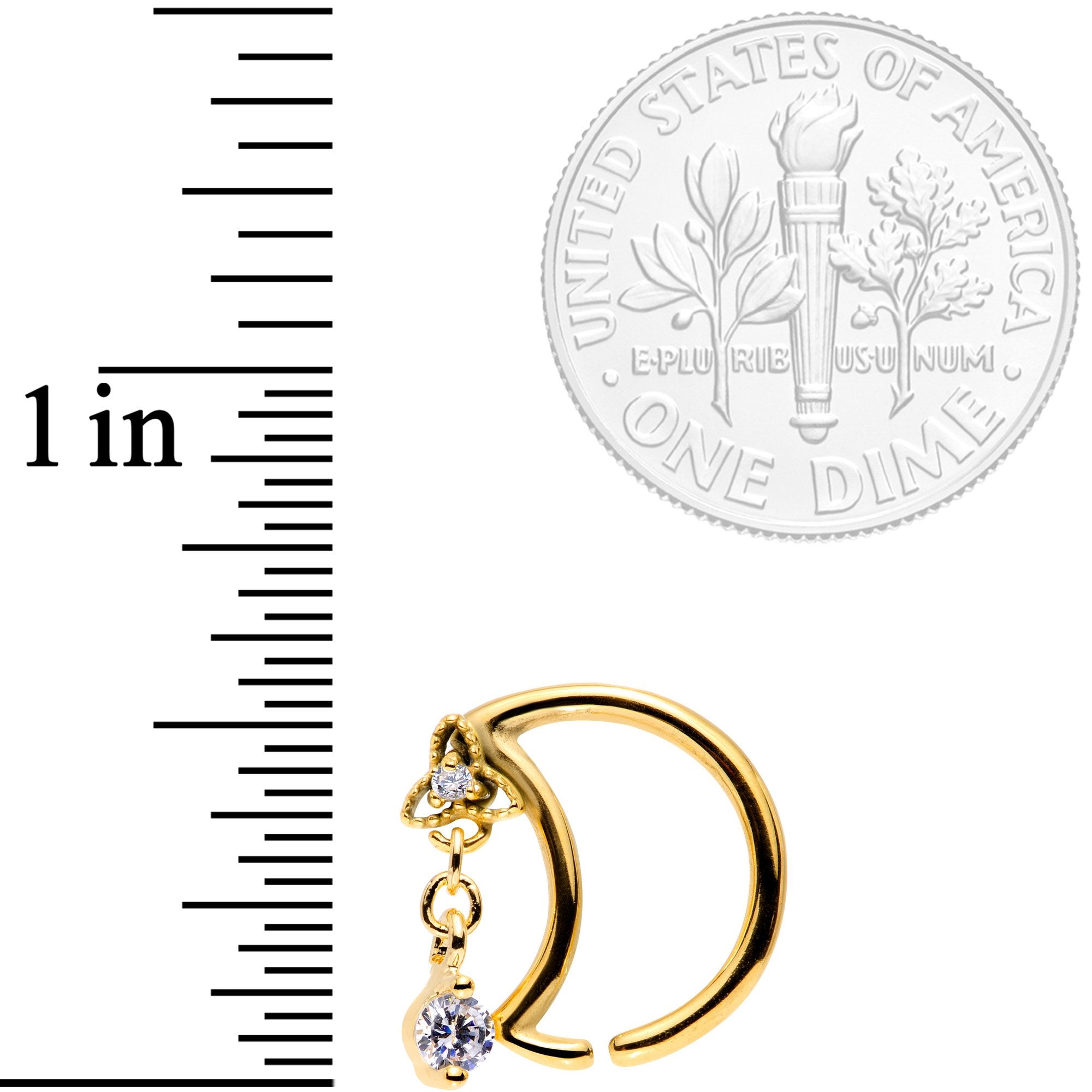 16G 3/8 Clear CZ Gem Gold Tone Crescent Moon Dangle Closure Ring