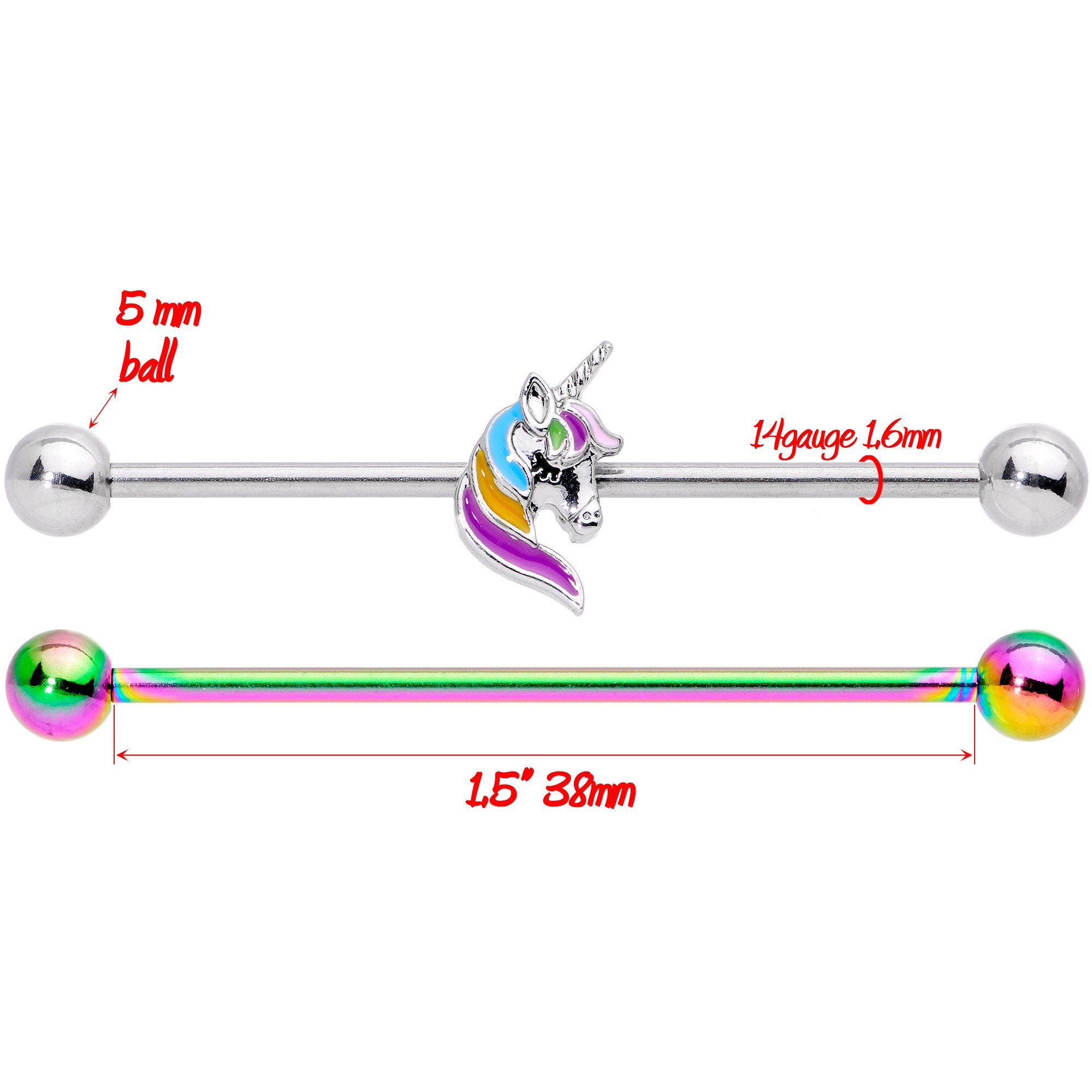 14G Unicorn Rainbow Anodized Industrial Barbell Set 38mm