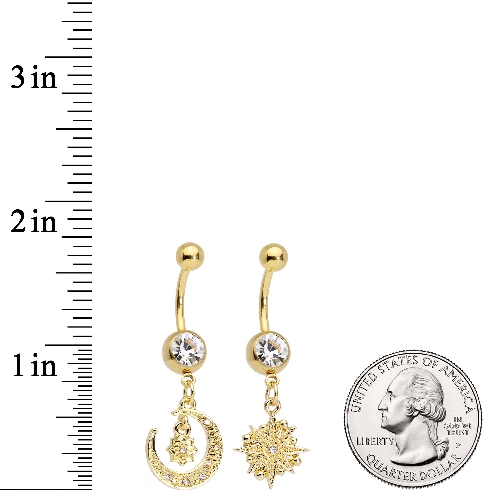 Clear Gem Gold Tone Celestial Star Moon Dangle Belly Ring Set