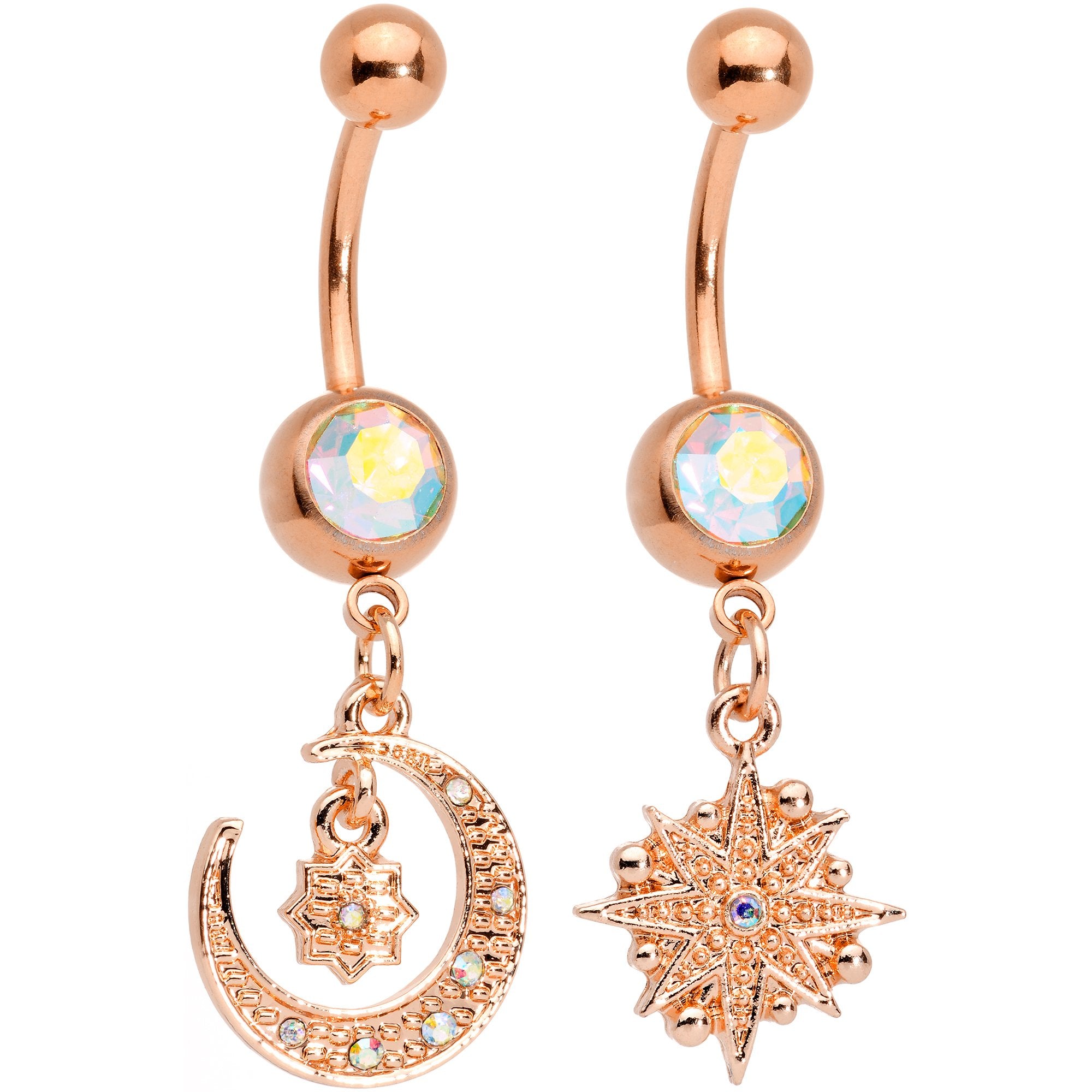 Aurora Gem Rose Gold Tone Celestial Star Moon Dangle Belly Ring Set