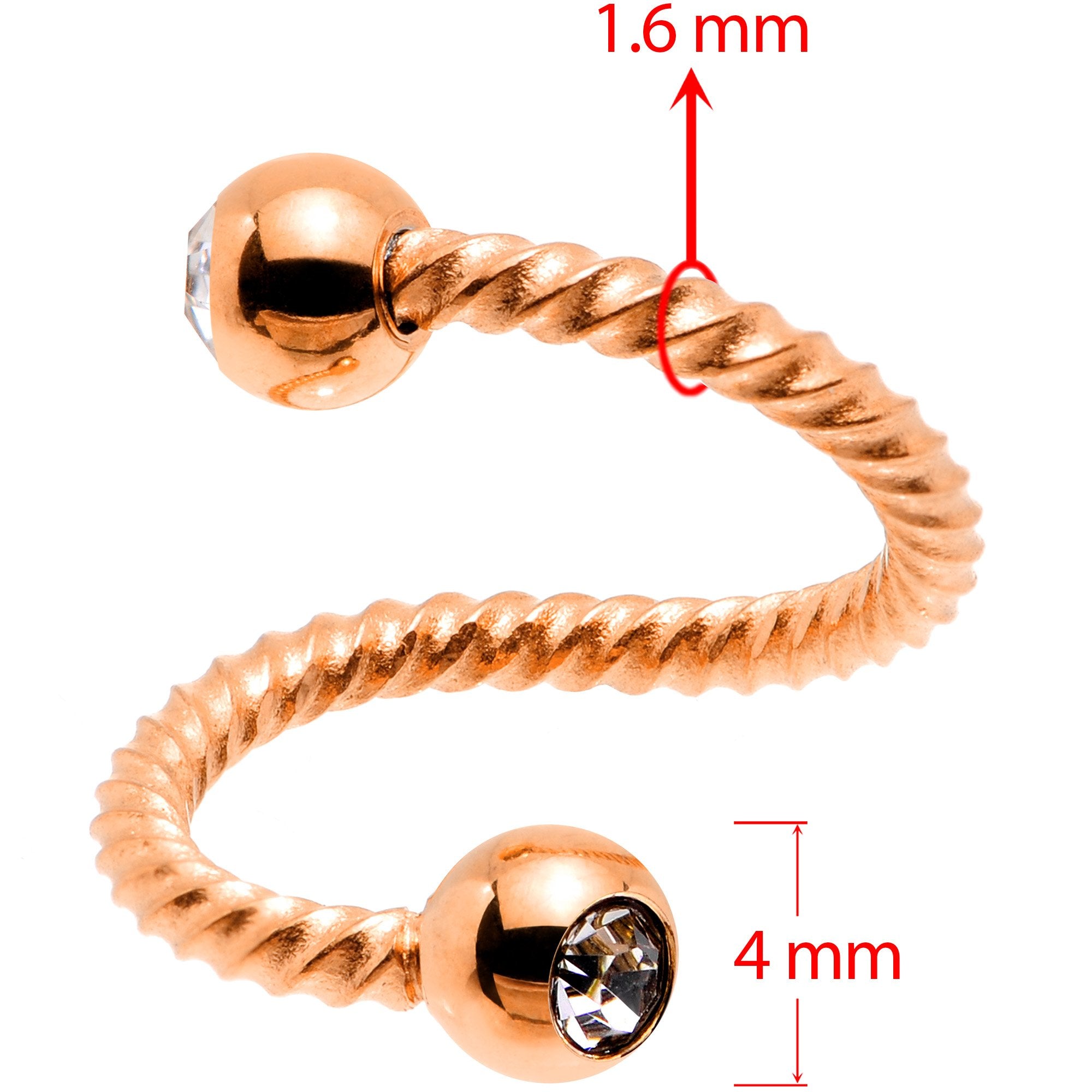 14G 3/8 Clear Gem Rose Gold Tone Twist Spiral Twister Belly Ring