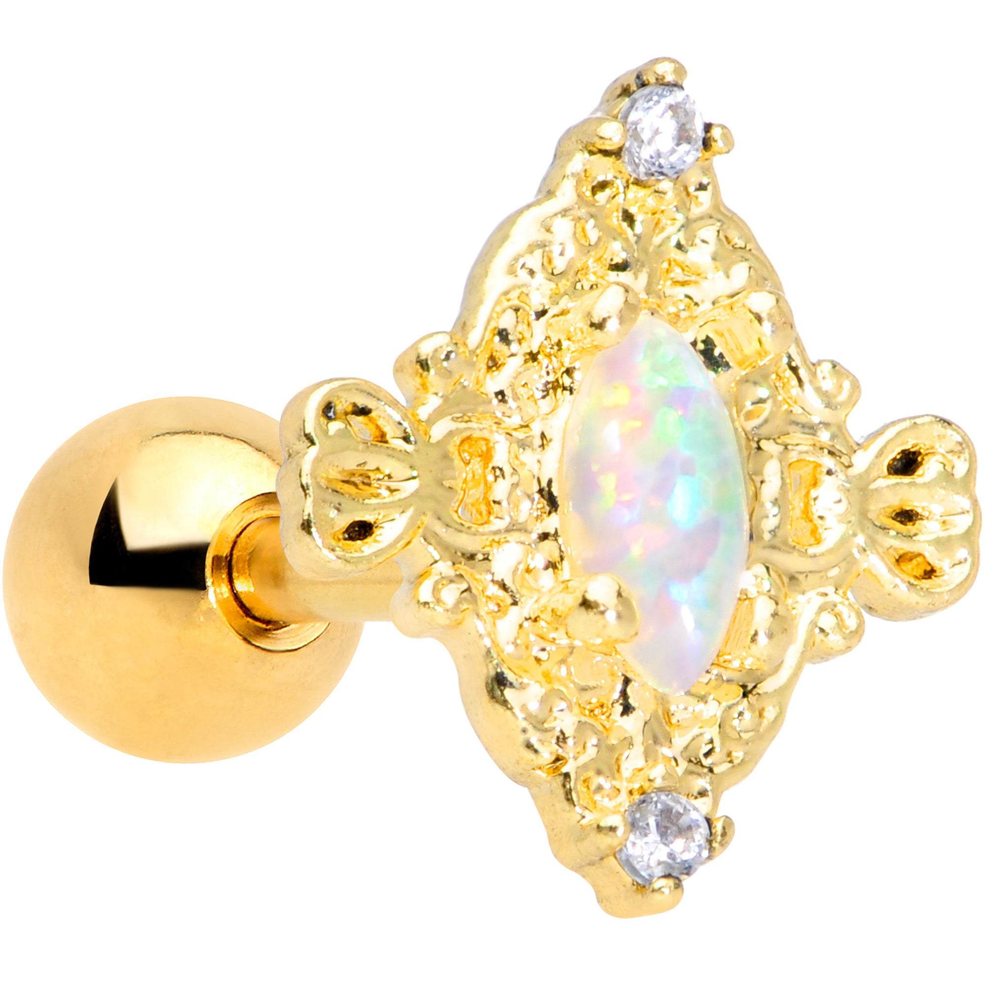 16G 1/4 White Synthetic Opal Gold Tone Oval Cartilage Tragus