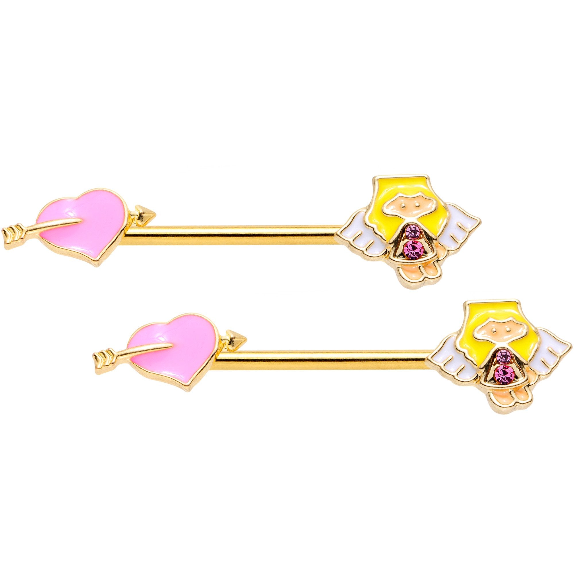 14G 9/16 Pink Gem Heart Cupid Gold Tone Barbell Nipple Ring Set