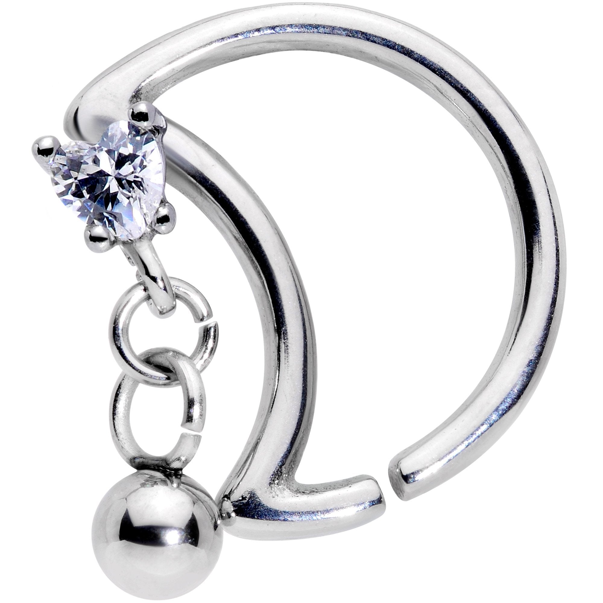 16G 3/8 Clear CZ Gem Crescent Moon Heart Dangle Closure Ring