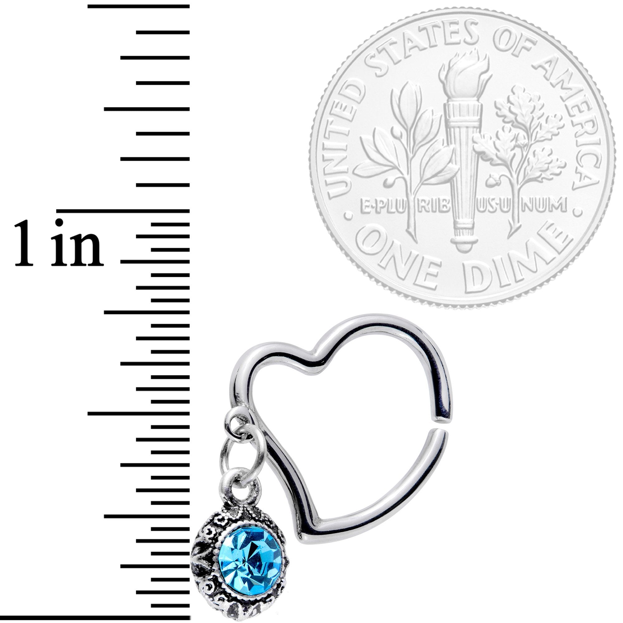 16G 3/8 Aqua Gem Heart Dangle Right Closure Ring