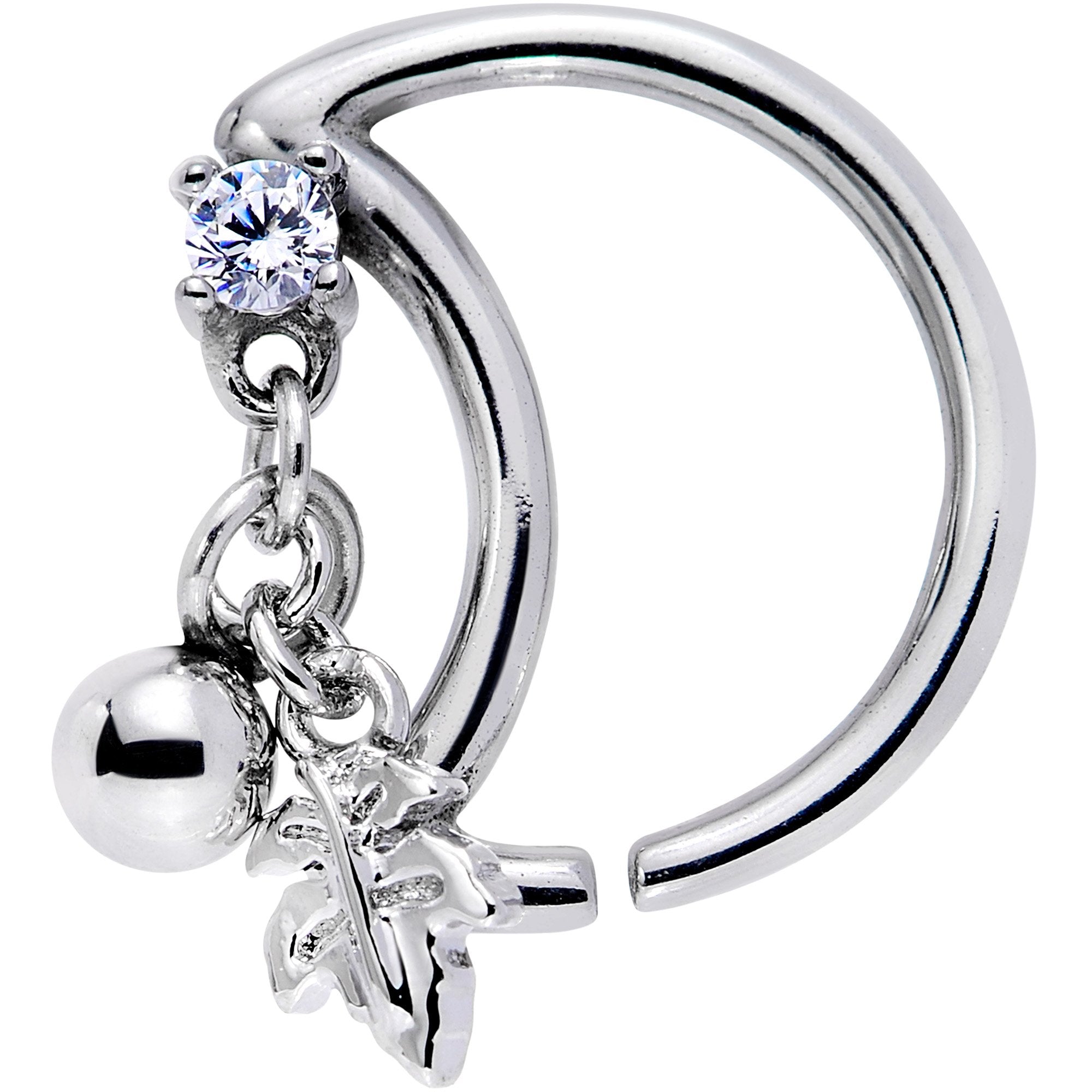 16G 3/8 Clear CZ Gem Crescent Moon Leaf Dangle Closure Ring