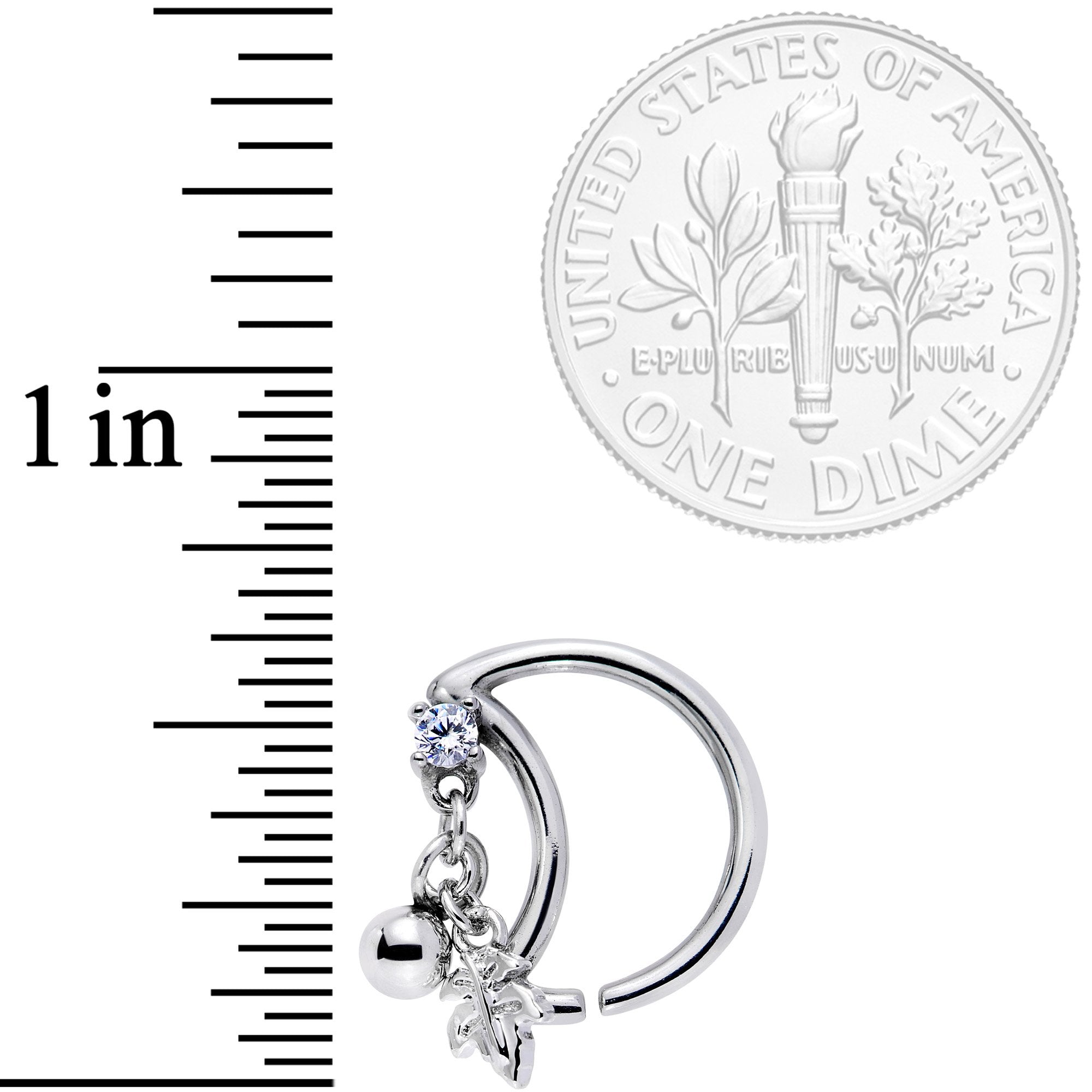 16G 3/8 Clear CZ Gem Crescent Moon Leaf Dangle Closure Ring