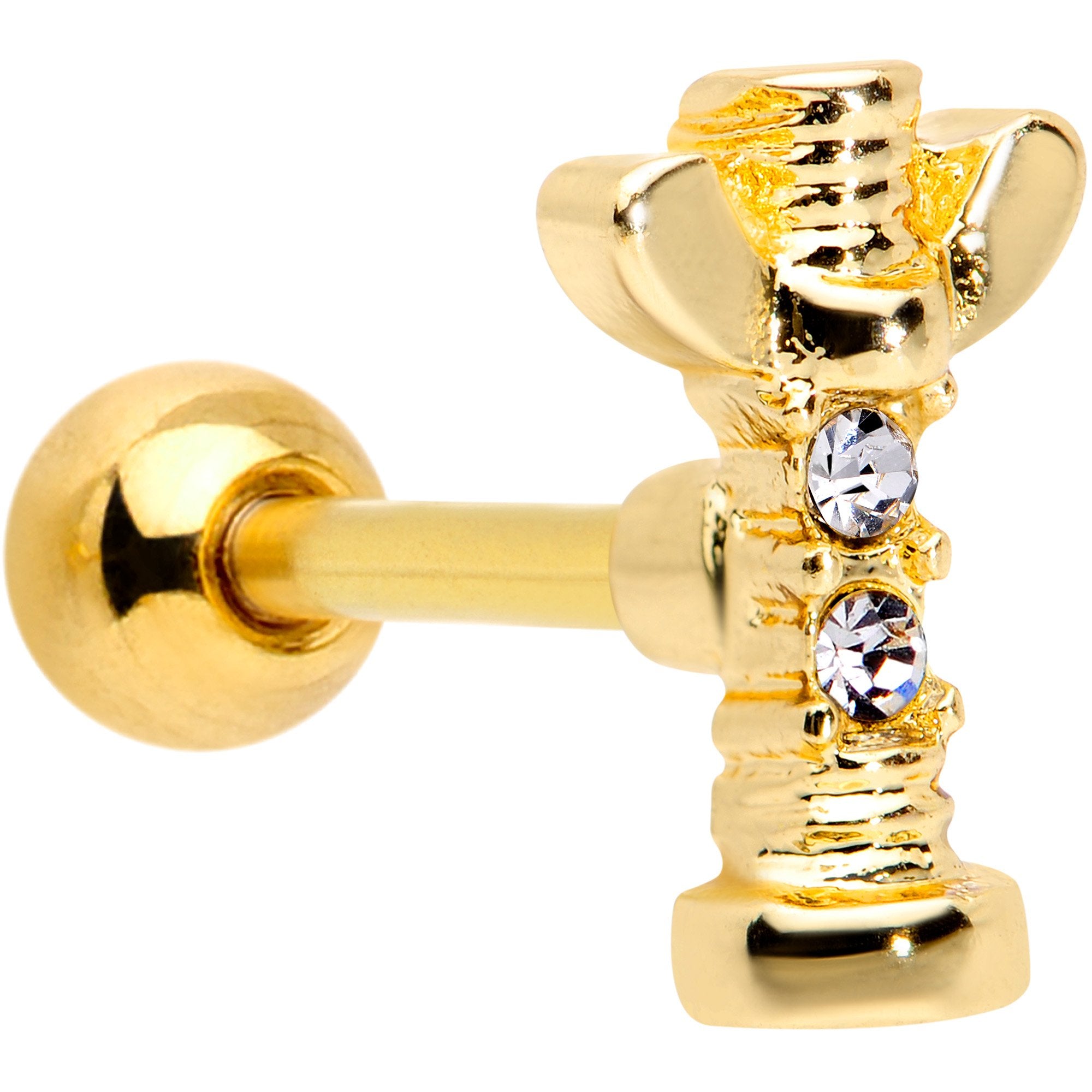 16G 1/4 Clear CZ Gem Gold Tone Wing Nut Cartilage Tragus Earring