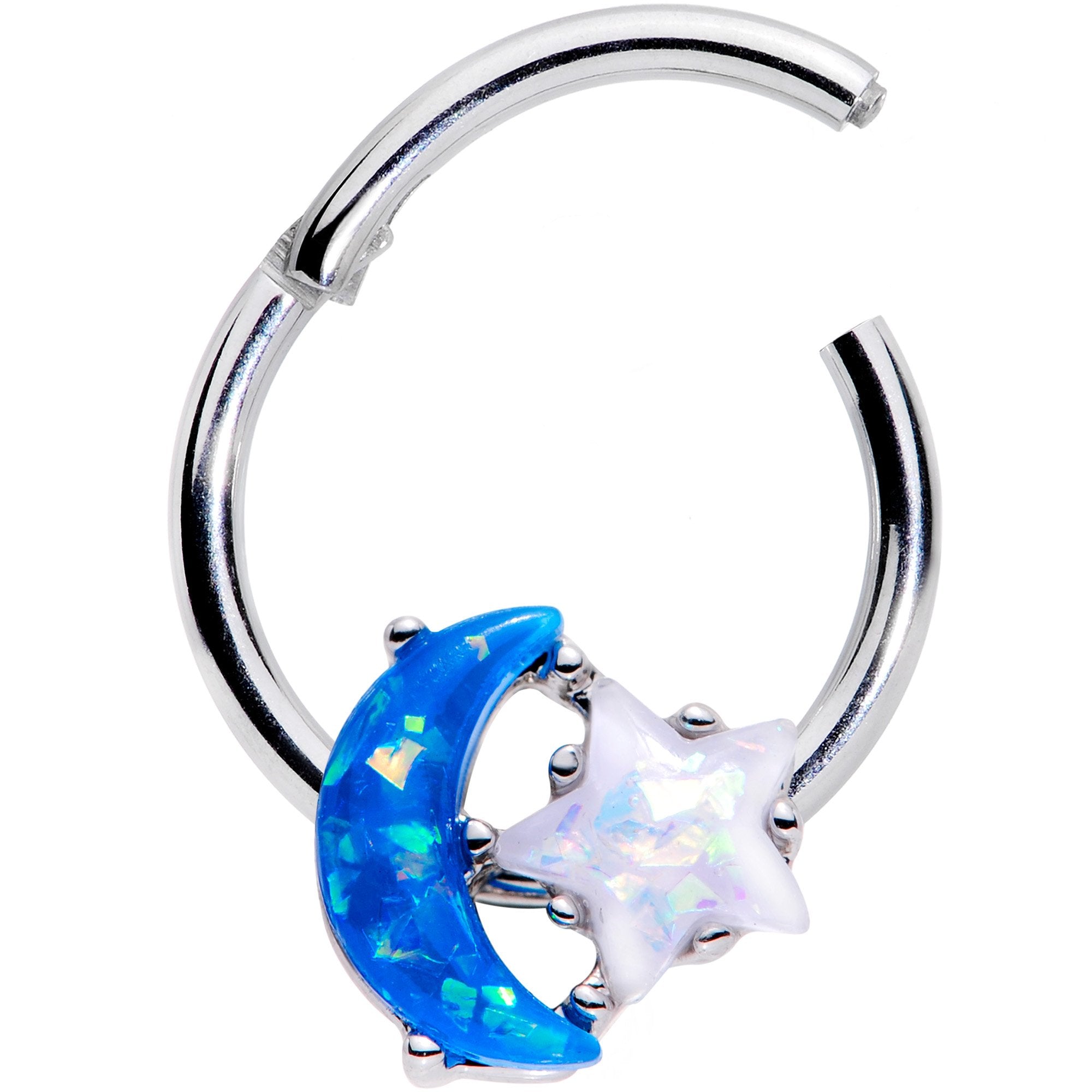 16G 3/8 Blue White Faux Opal Starry Moon Hinged Segment Ring
