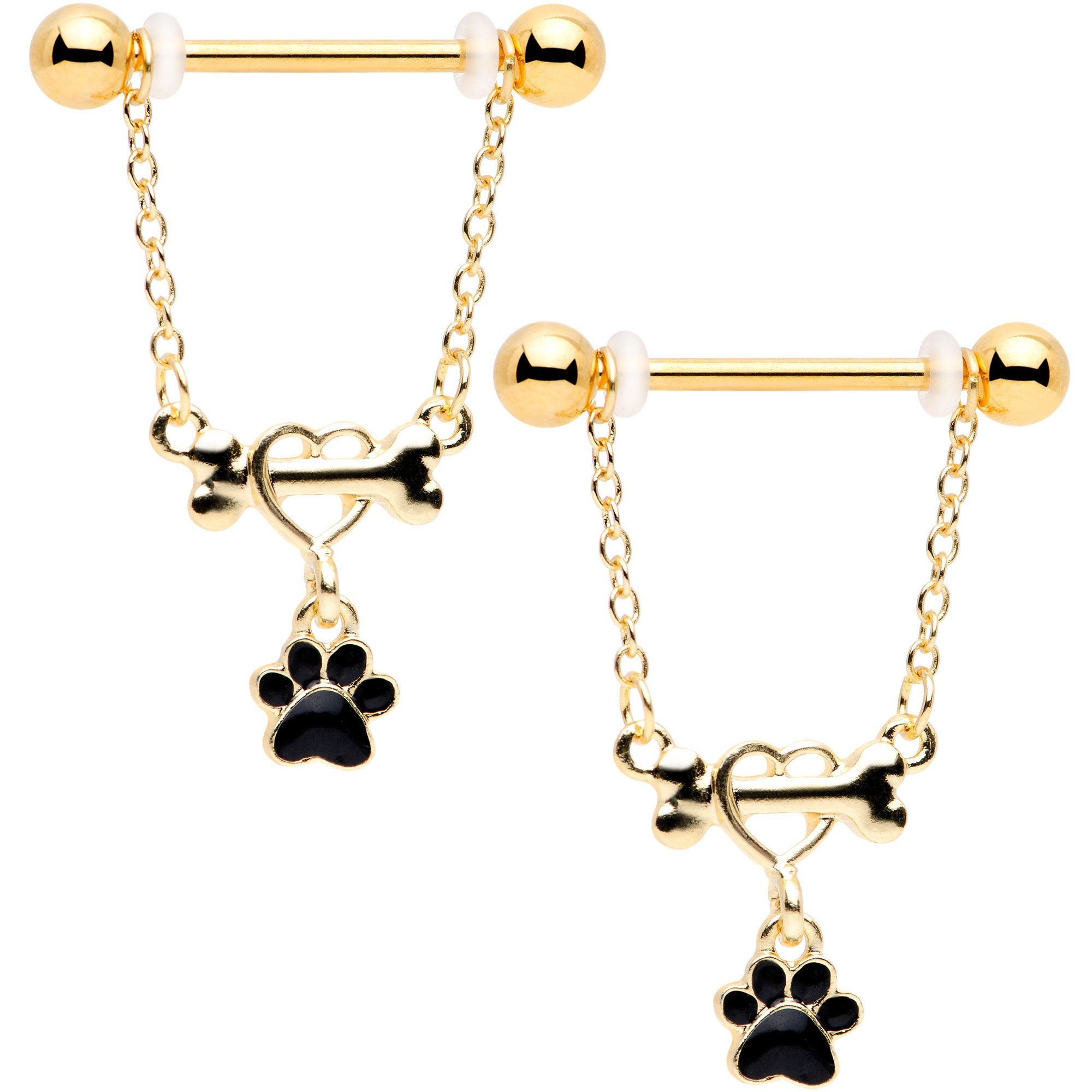 14G Gold Tone Love My Dog Paw Print Dangle Nipple Ring Set