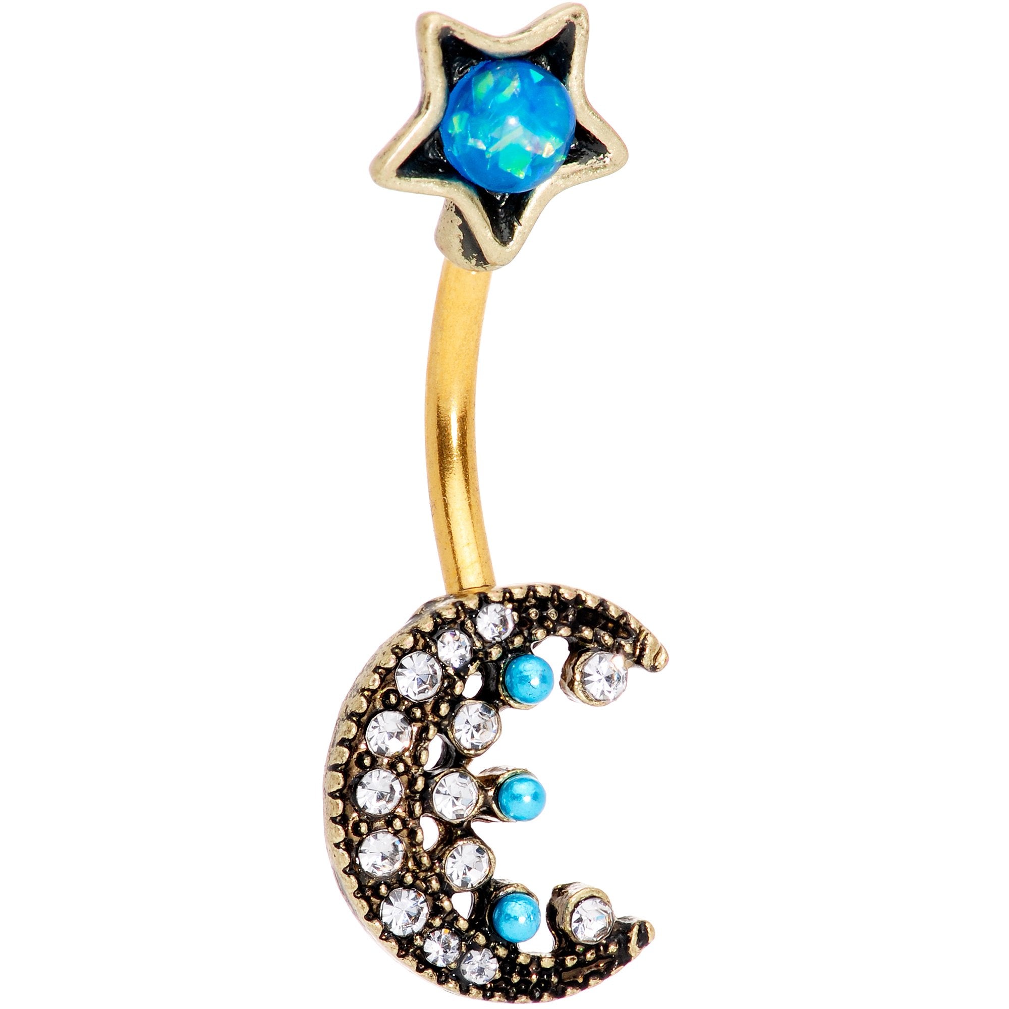 Aqua Faux Opal Gold Tone Orb Crescent Moon Reversible Belly Ring