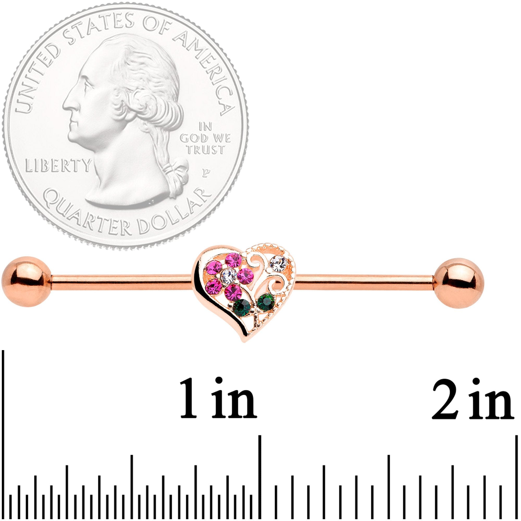14G Clear Pink Gem Flower Heart Rose Gold Tone Barbell Industrial