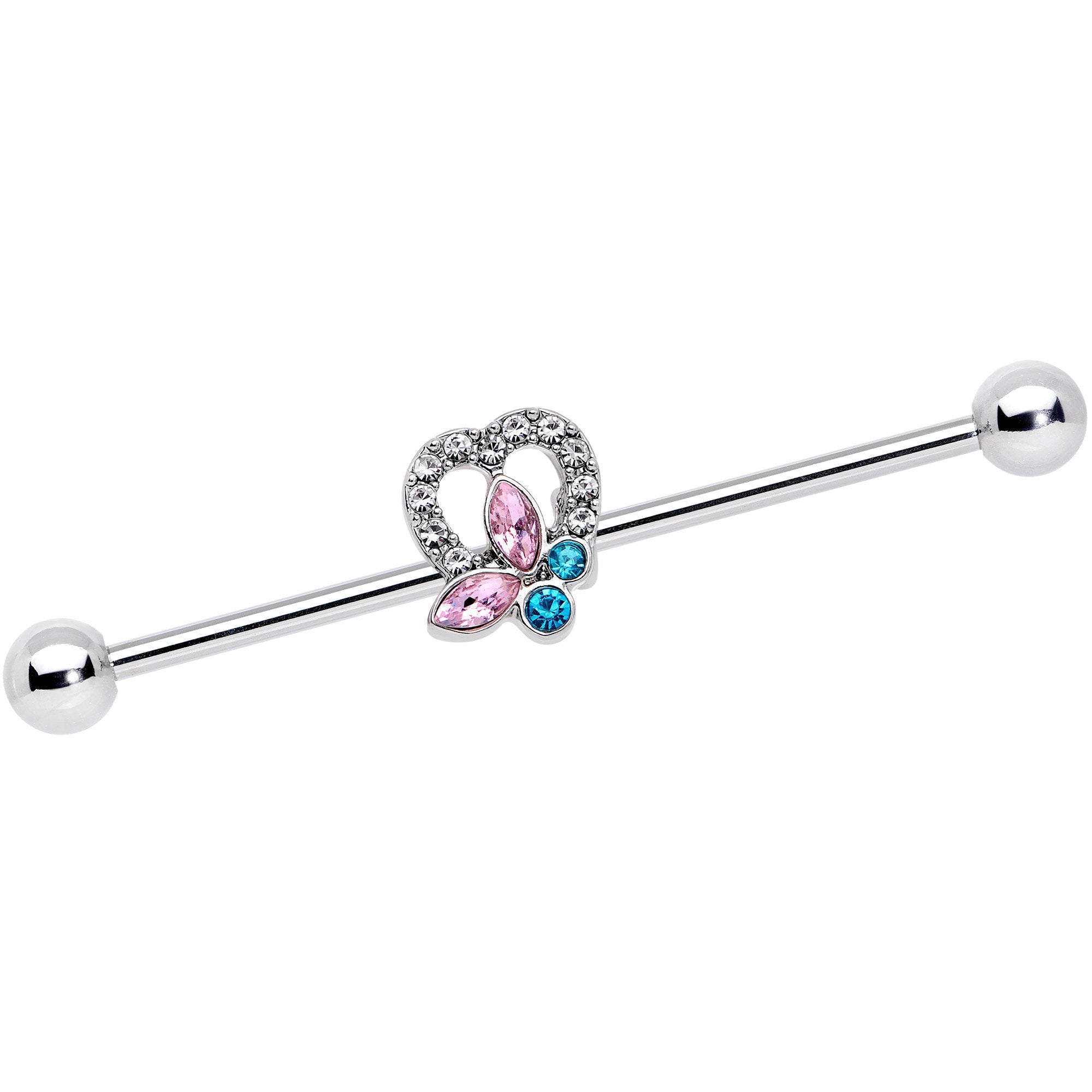 14G Pink Blue Butterfly Heart Industrial Barbell 38mm