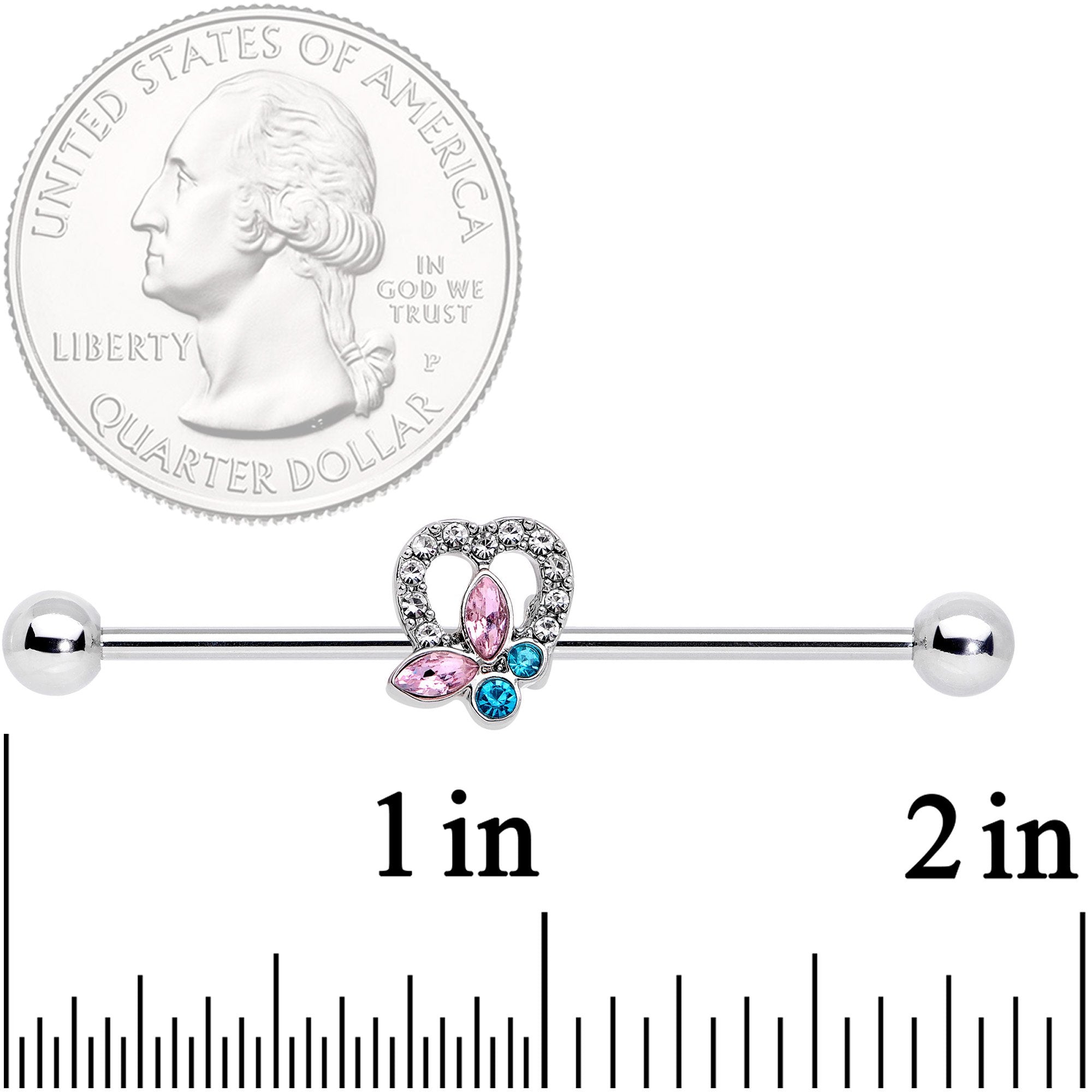 14G Pink Blue Butterfly Heart Industrial Barbell 38mm