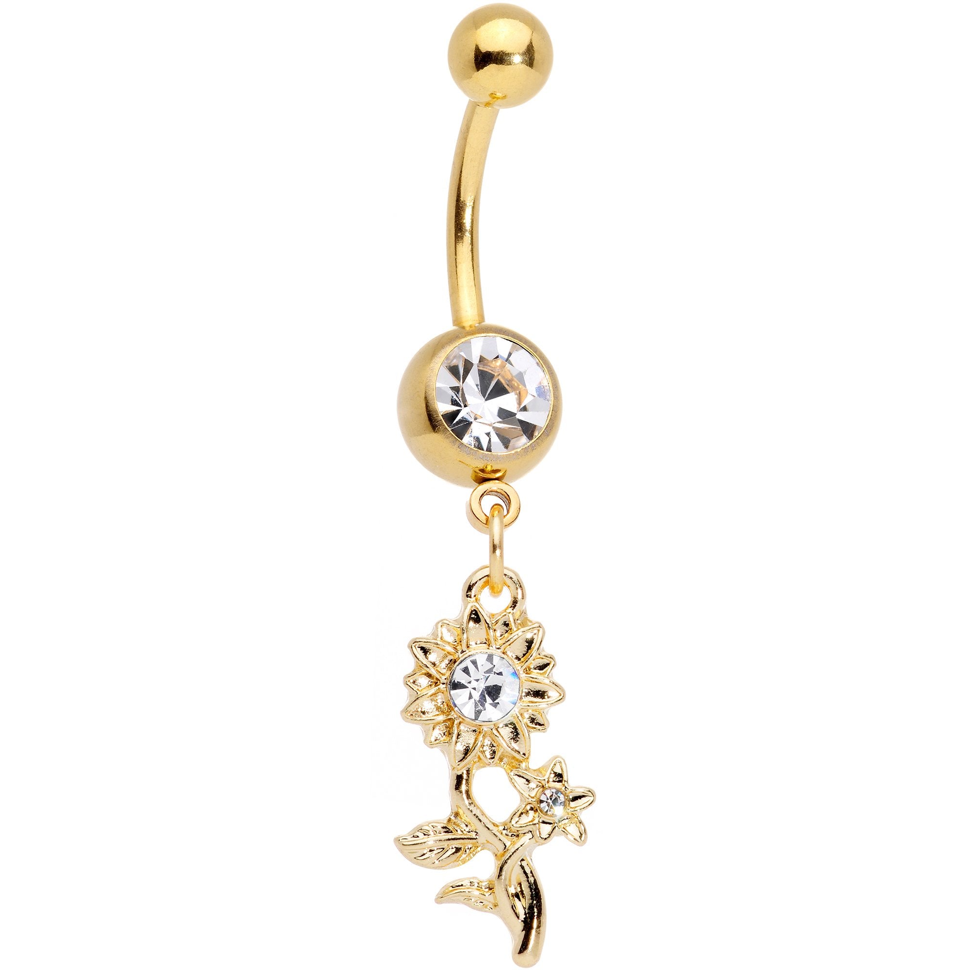 Clear Gem Gold Tone Sunflower Dangle Belly Ring