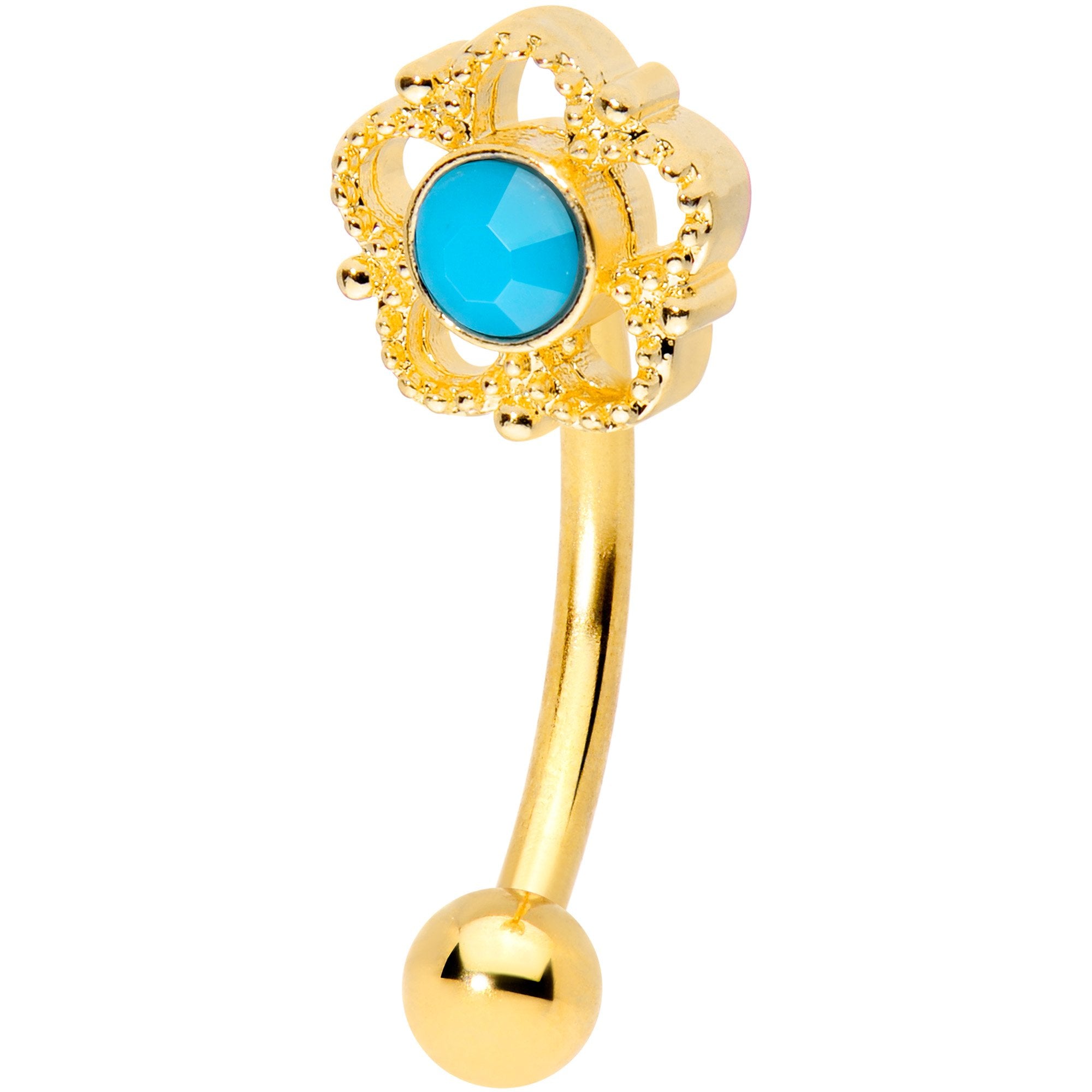 16G 5/16 Faux Turquoise Gold Tone Flower Curved Eyebrow Ring